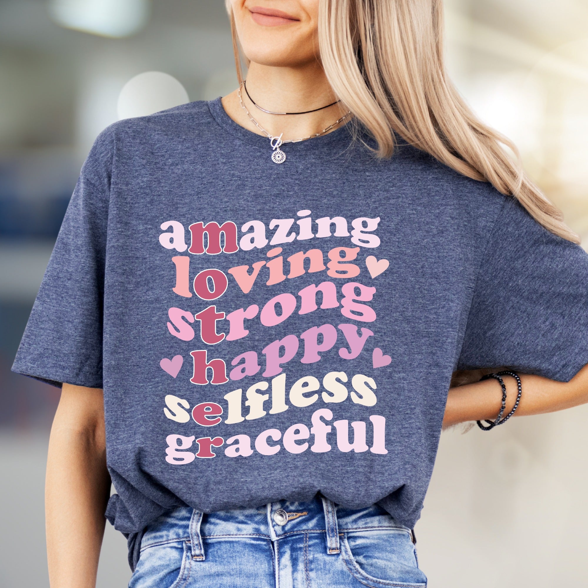 "Amazing Loving Strong Happy Selfless Graceful" Empowering Groovy Graphic Tee, a Self-Love Pick for Her