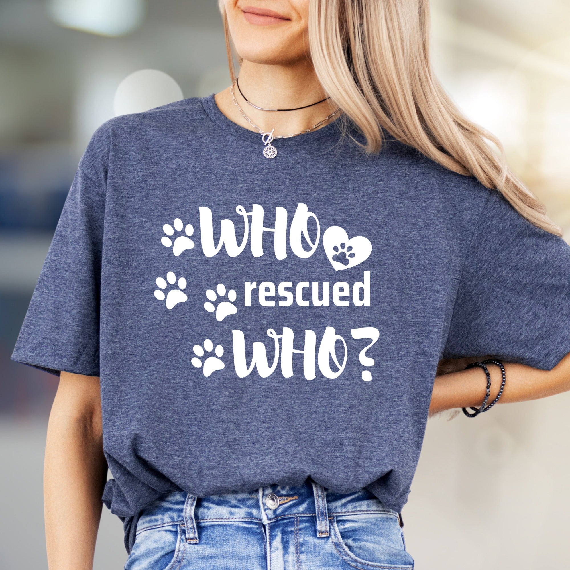"WHO rescued WHO?" Paw Print Graphic Tee, a Heartfelt Pick for Pet Lovers