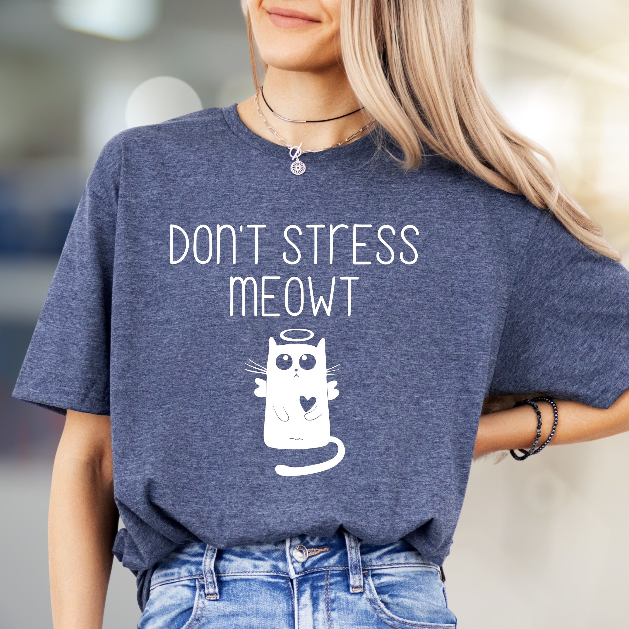 "Don't Stress Meowt" Angel Cat Graphic Tee, a Whimsical Pick for Cat Lovers