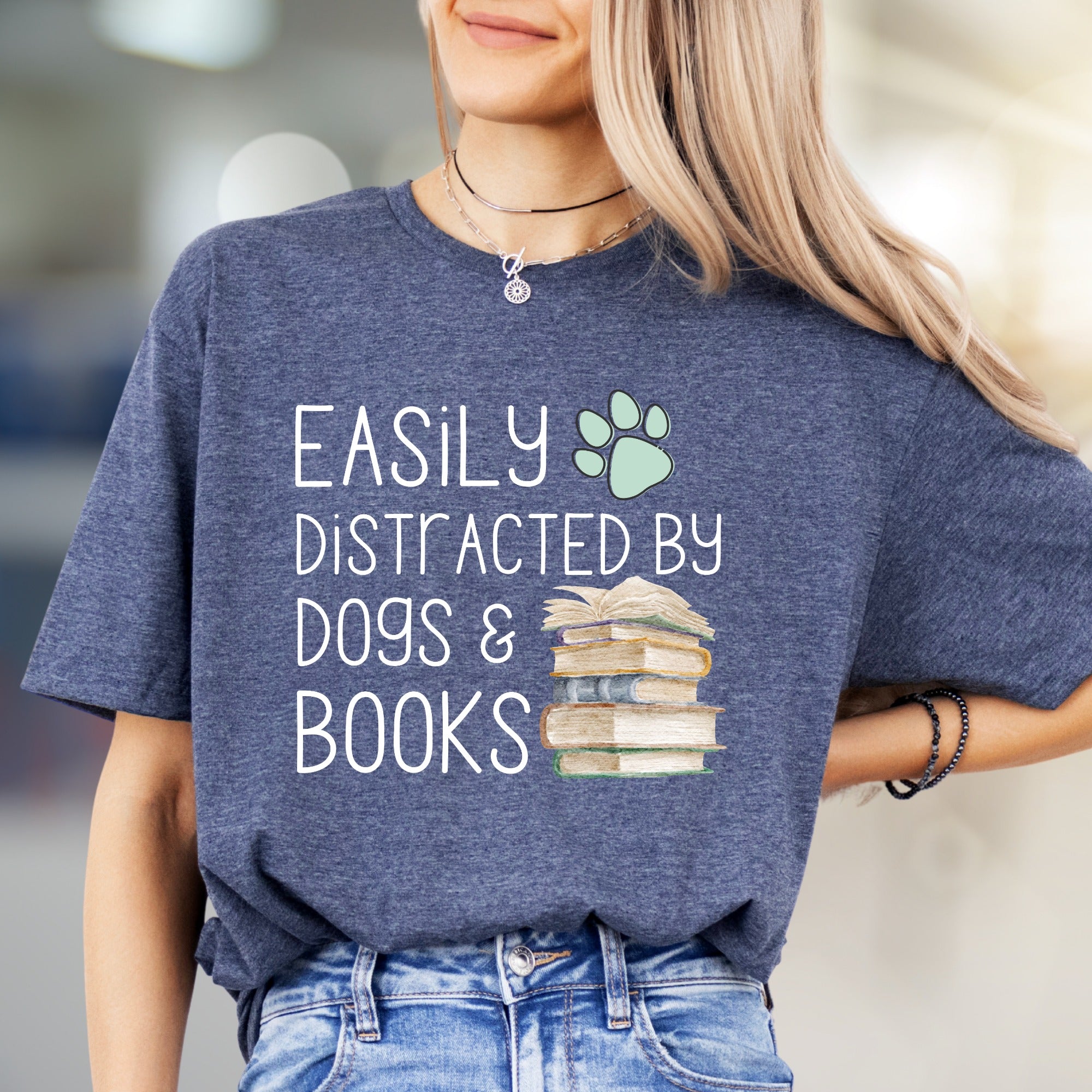 "Easily Distracted by Dogs & Books" Cozy Graphic Tee, a Pet Lover's Pick for Readers