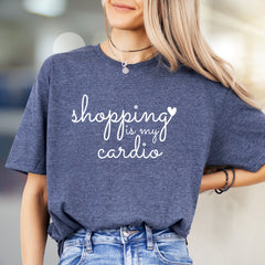 "Shopping is My Cardio" Script Graphic Tee, a Humorous Pick for Fashionistas