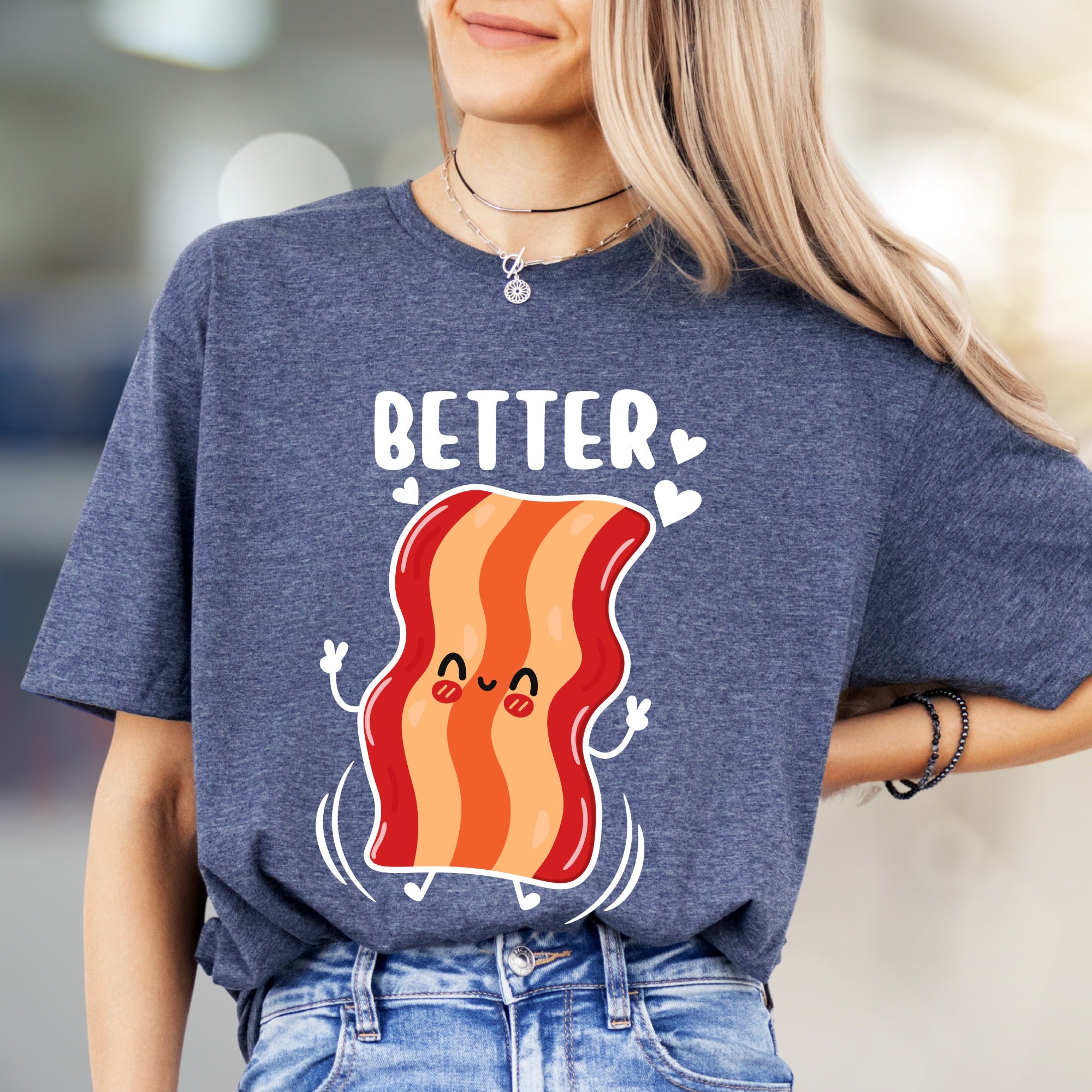 "BETTER" Cute Bacon Jumping Graphic Tee, a Fun Foodie Pick for Couples