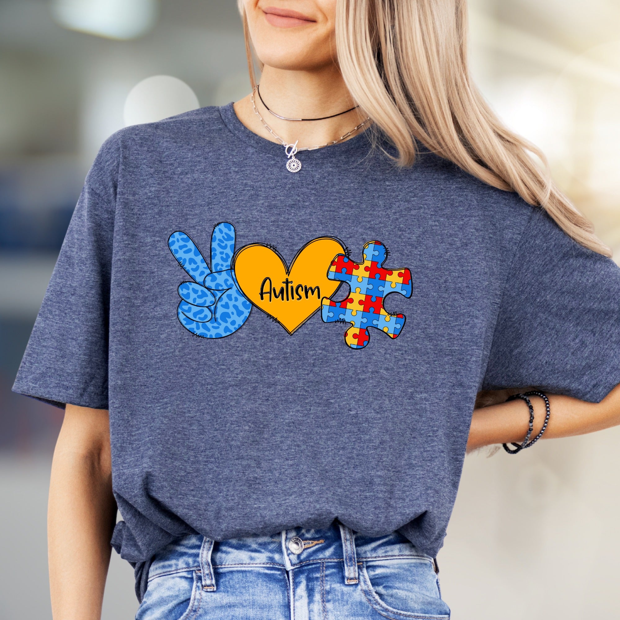 “Autism” Peace, Love & Puzzle Graphic Tee, a Supportive Awareness Pick for Advocates