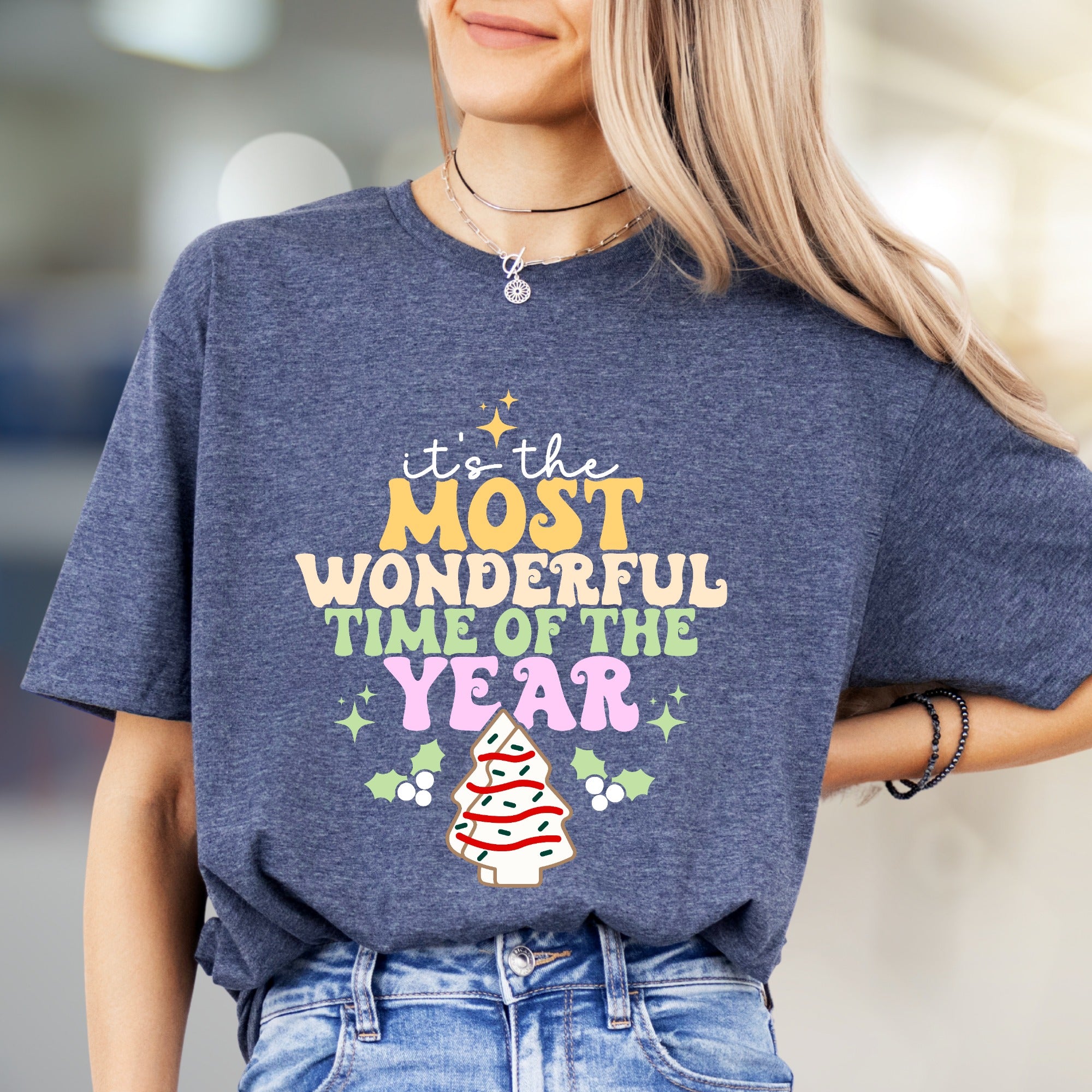 "It's the Most Wonderful Time of the Year" Whimsical Christmas Tree Graphic Tee, a Festive Holiday Pick for Everyone