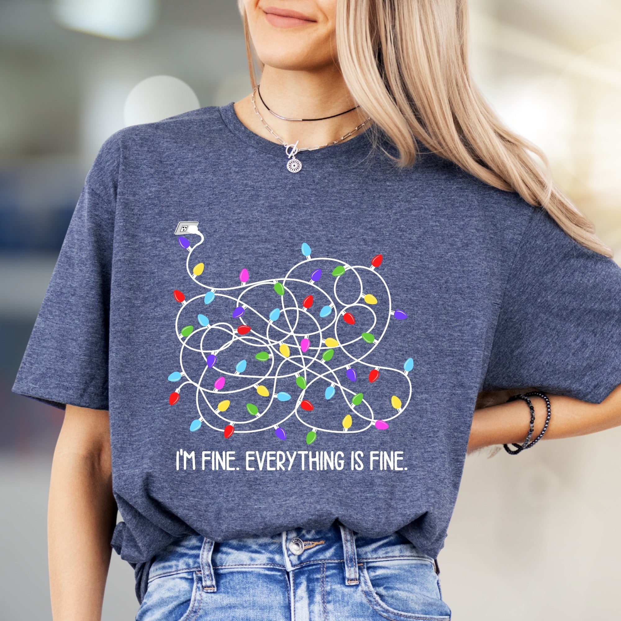 "I'm Fine. Everything Is Fine." Tangled Lights Graphic Tee, a Witty Holiday Pick for Everyone