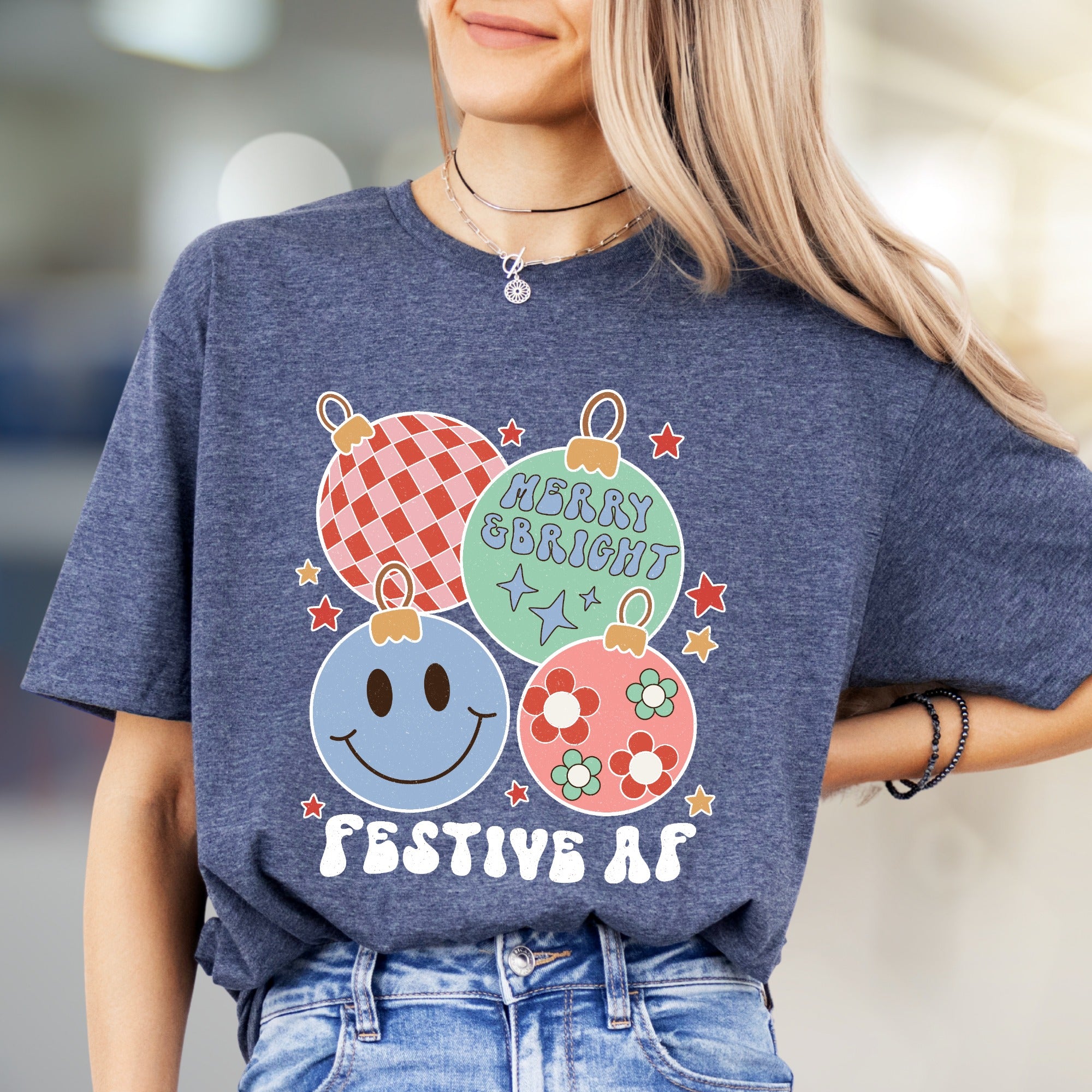 "Festive AF" Retro Holiday Ornaments Tee, a Groovy Christmas Pick for Everyone