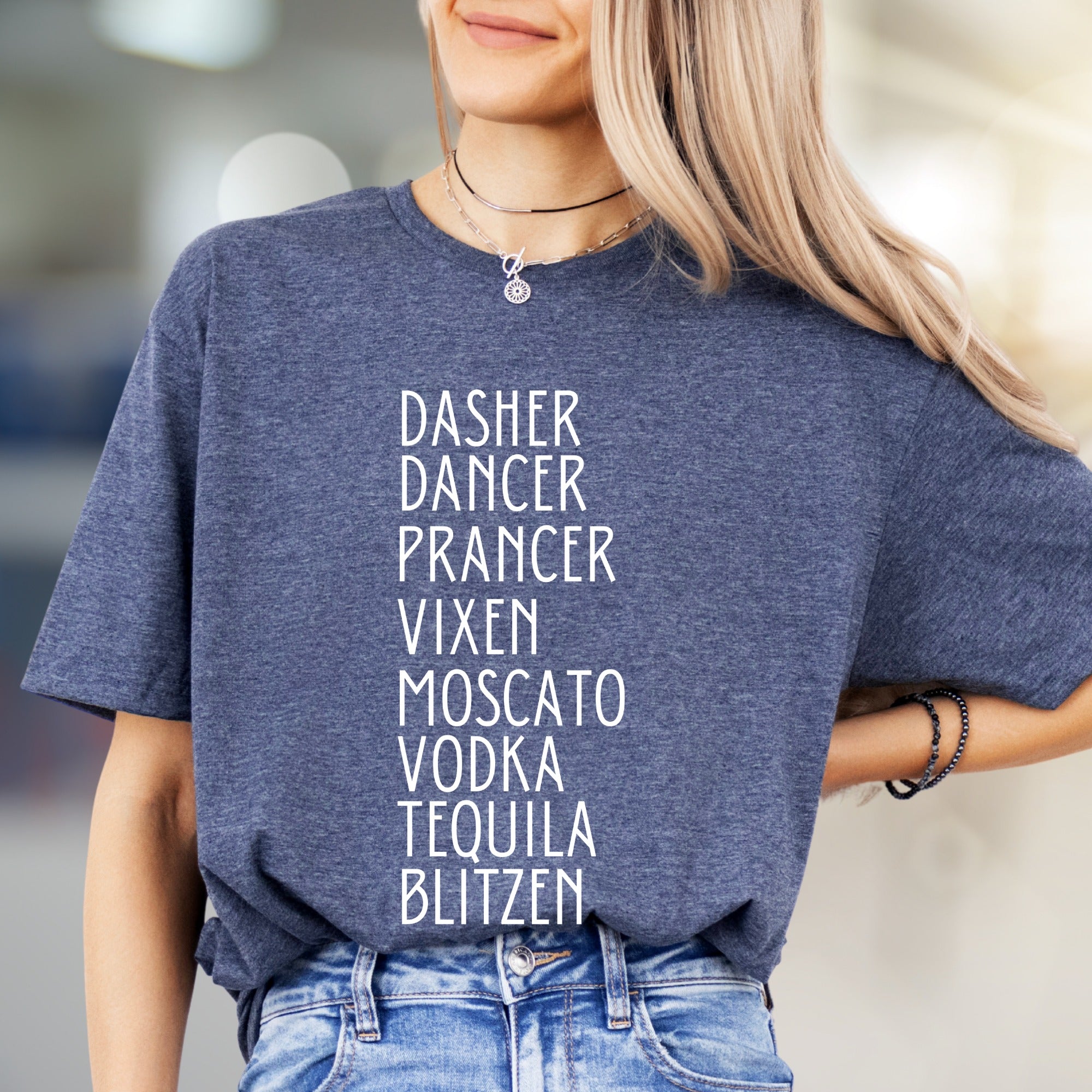 "Dasher, Dancer, Moscato & Blitzen" Christmas Party Graphic Tee, a Festive Naughty & Nice Pick for Holiday Enthusiasts
