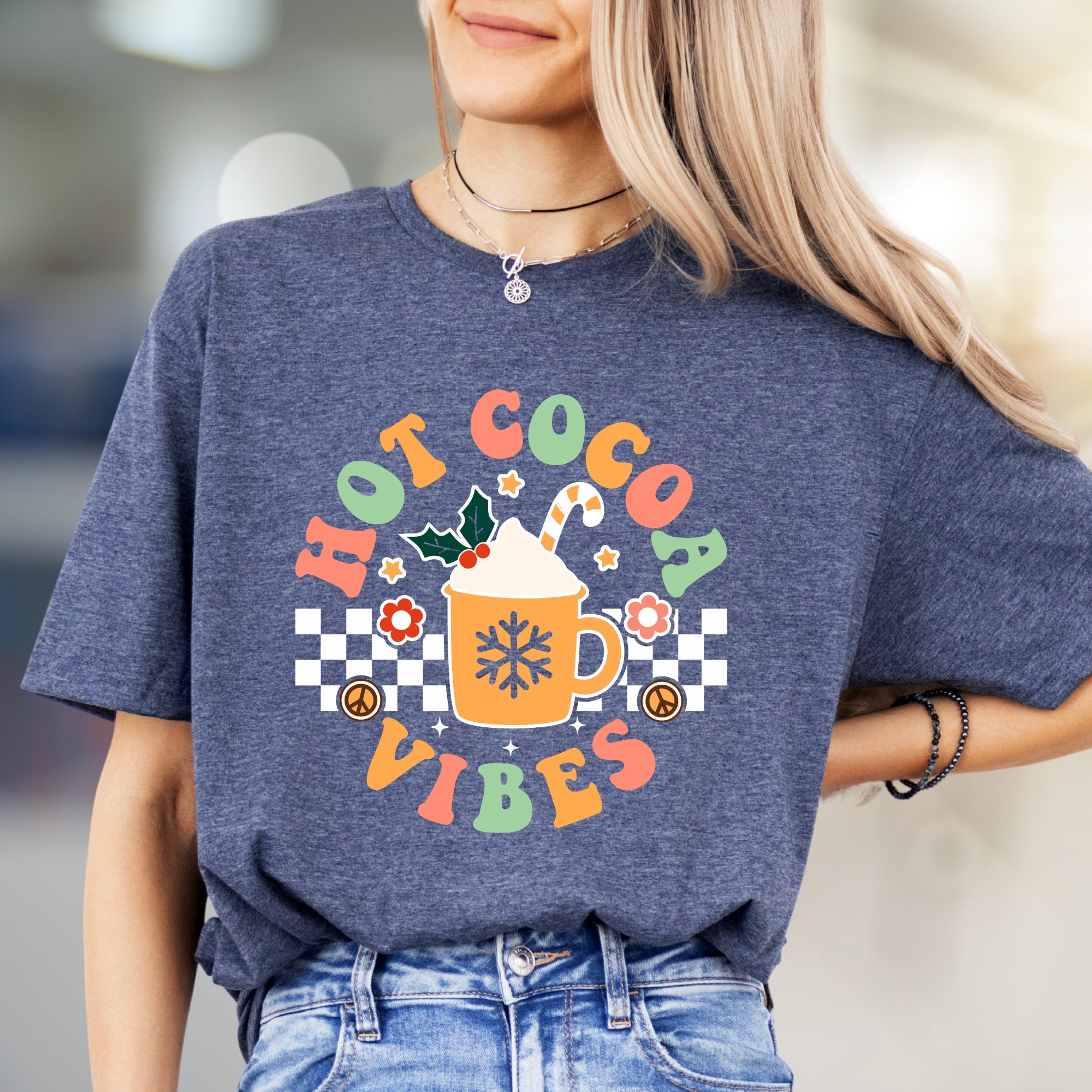"Hot Cocoa Vibes" Retro Graphic Tee, a Whimsical Pick for Winter Lovers