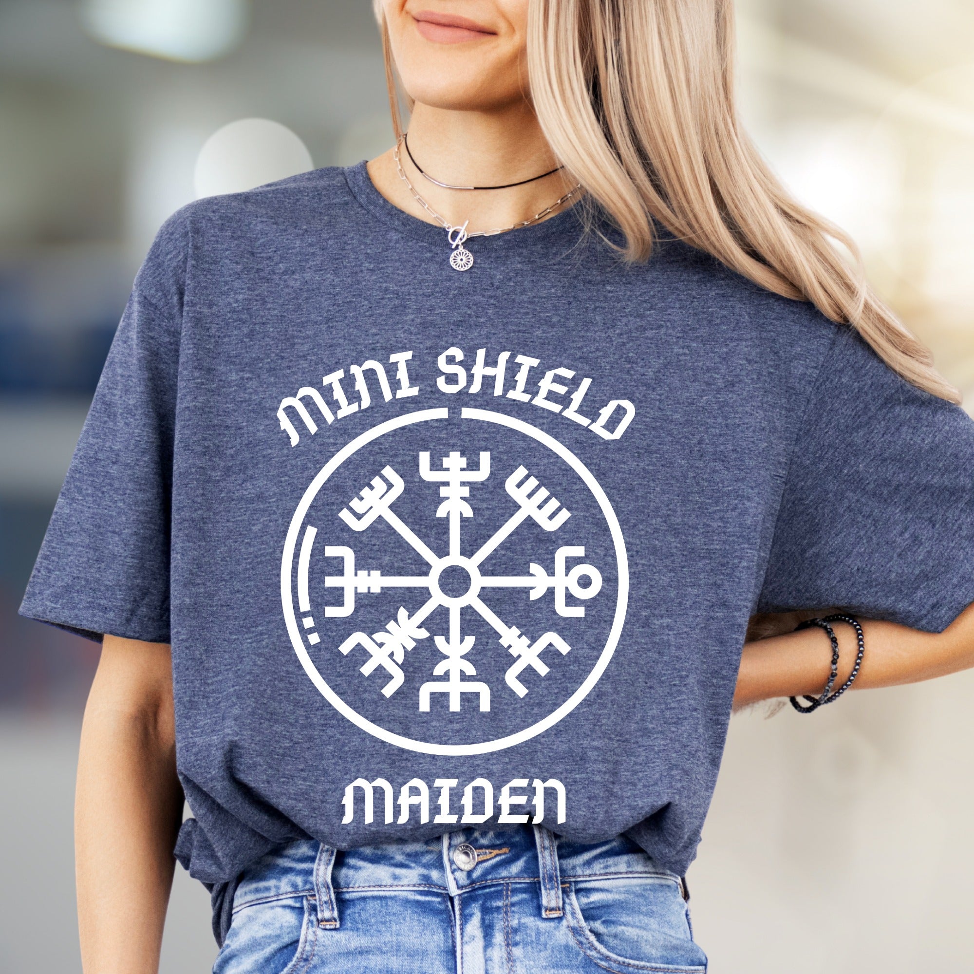 "MINI SHIELD MAIDEN" Viking Rune Compass Graphic Tee, a Norse Mythology Pick for Enthusiasts
