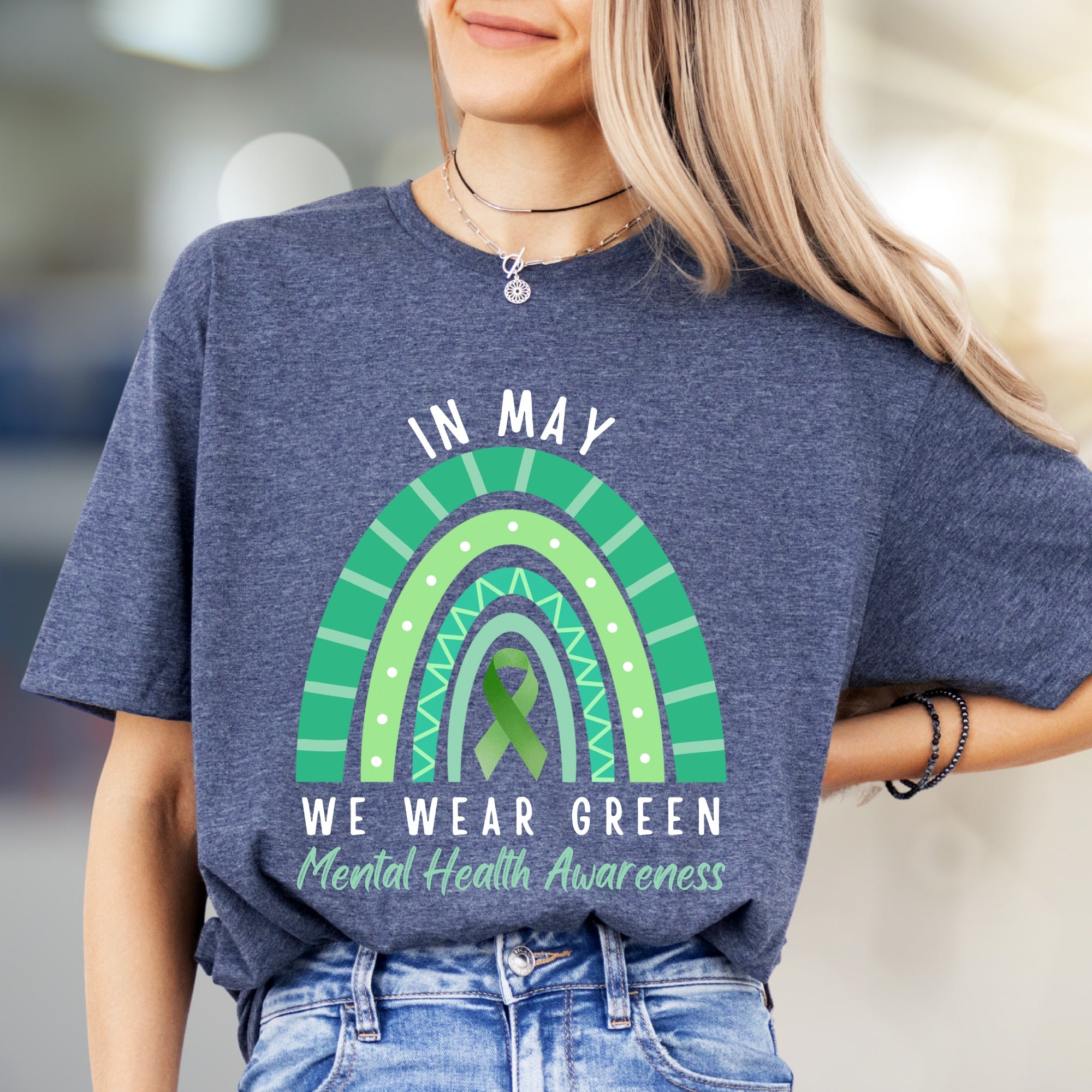 "IN MAY WE WEAR GREEN" Mental Health Awareness Rainbow Graphic Tee, a Supportive Expression for Advocates