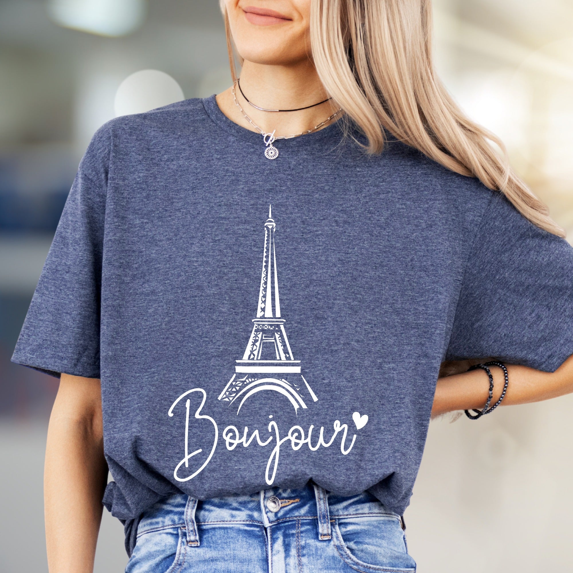 "Bonjour" Eiffel Tower Graphic Tee, a Chic French Travel Pick for Romantics