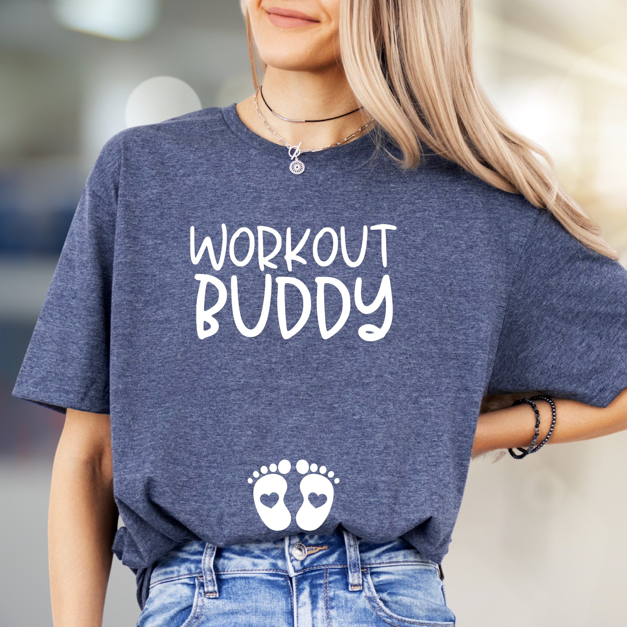 "Workout Buddy" Maternity Graphic Tee, a Pregnancy-Fit Pick for Expecting Moms