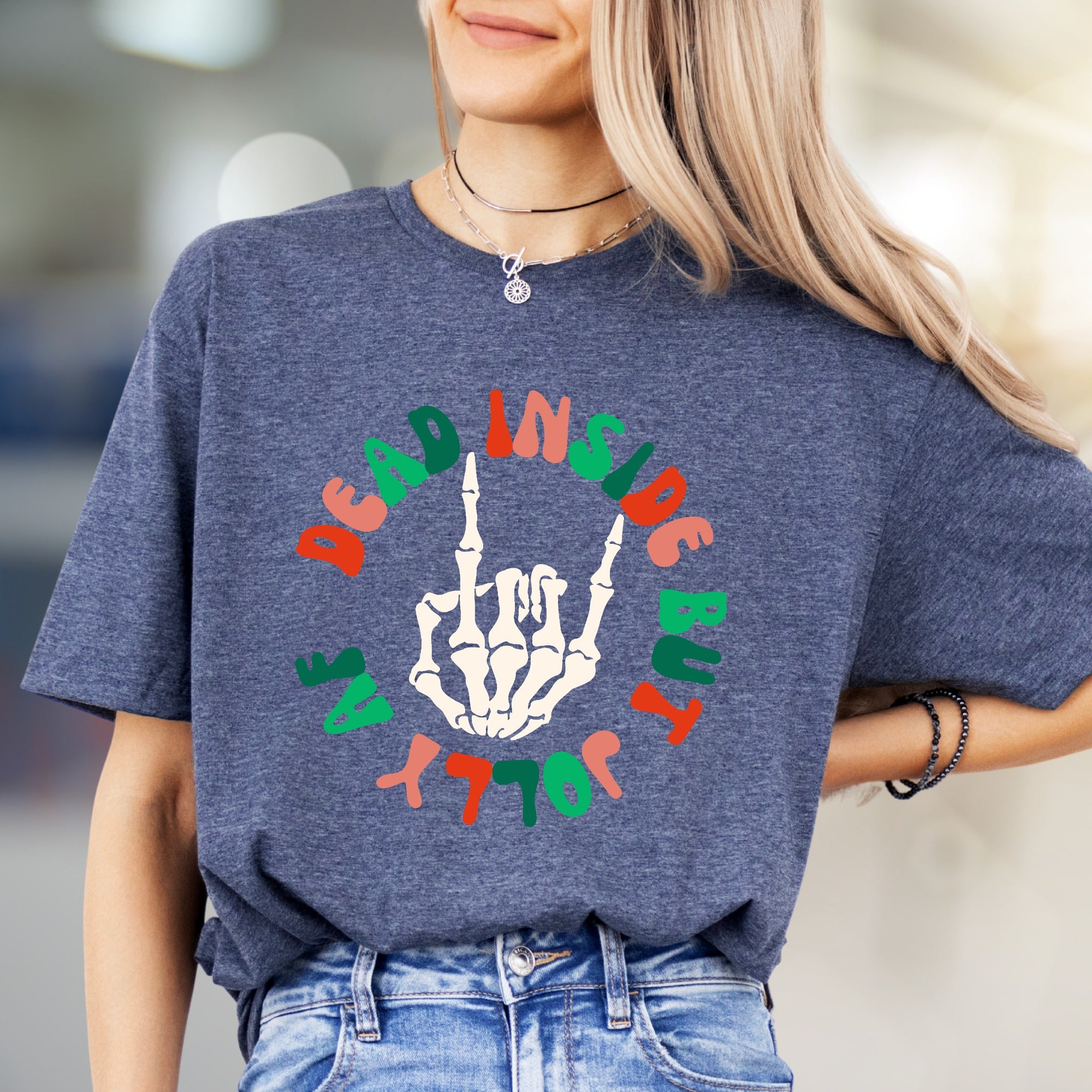 "Dead Inside But Jolly AF" Christmas Skeleton Graphic Tee, a Witty Holiday Pick for Festive Souls