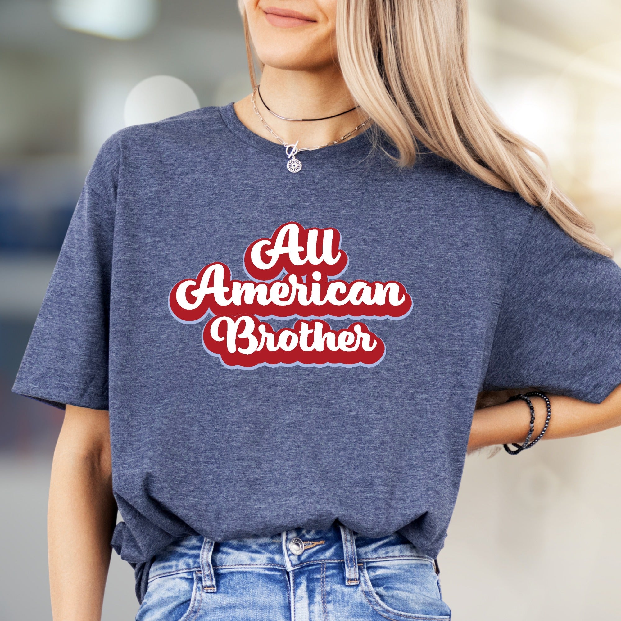 "All American Brother" Retro Script Graphic Tee, a Patriotic Pick for Family
