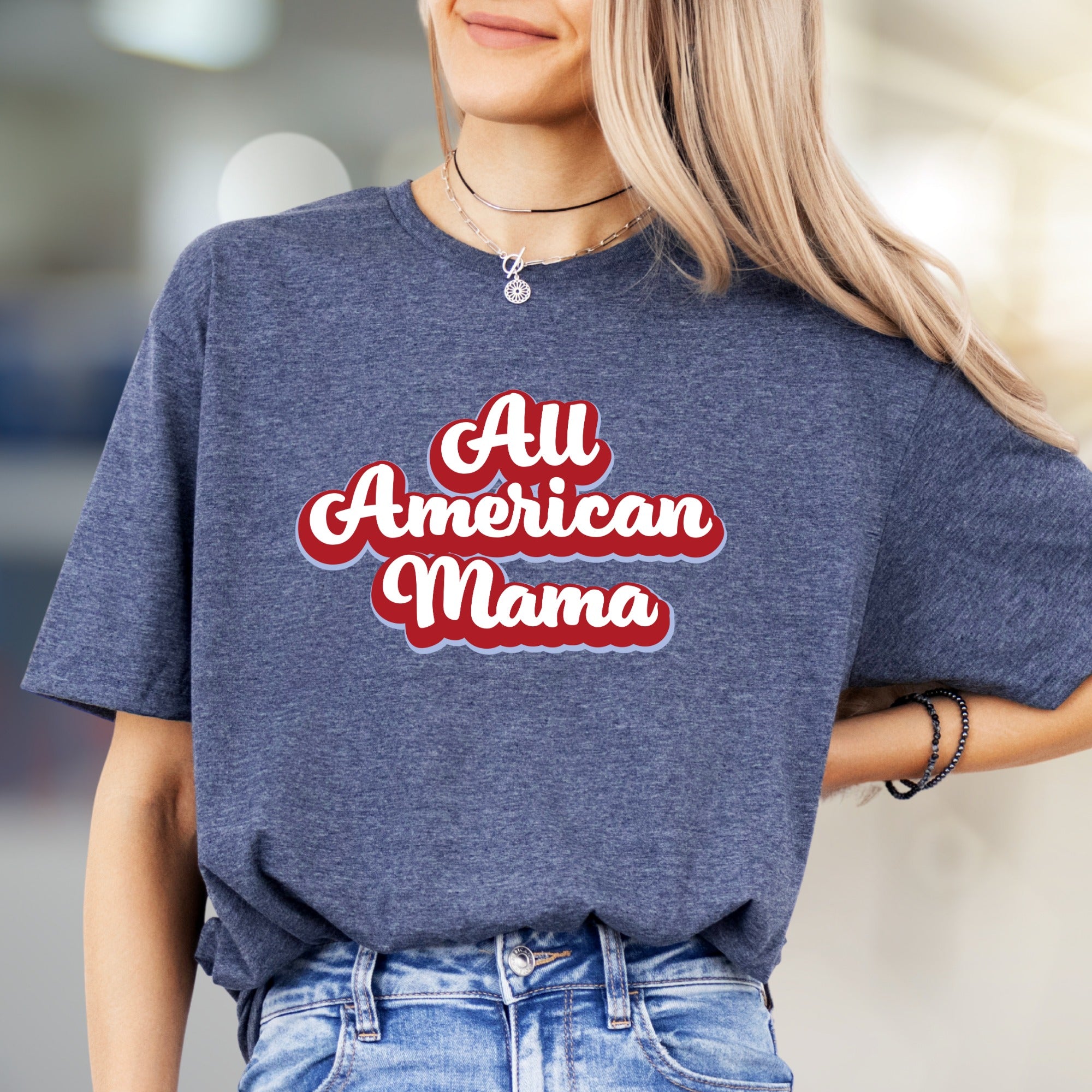 "All American Mama" Retro Graphic Tee, a Patriotic Casual Pick for Moms