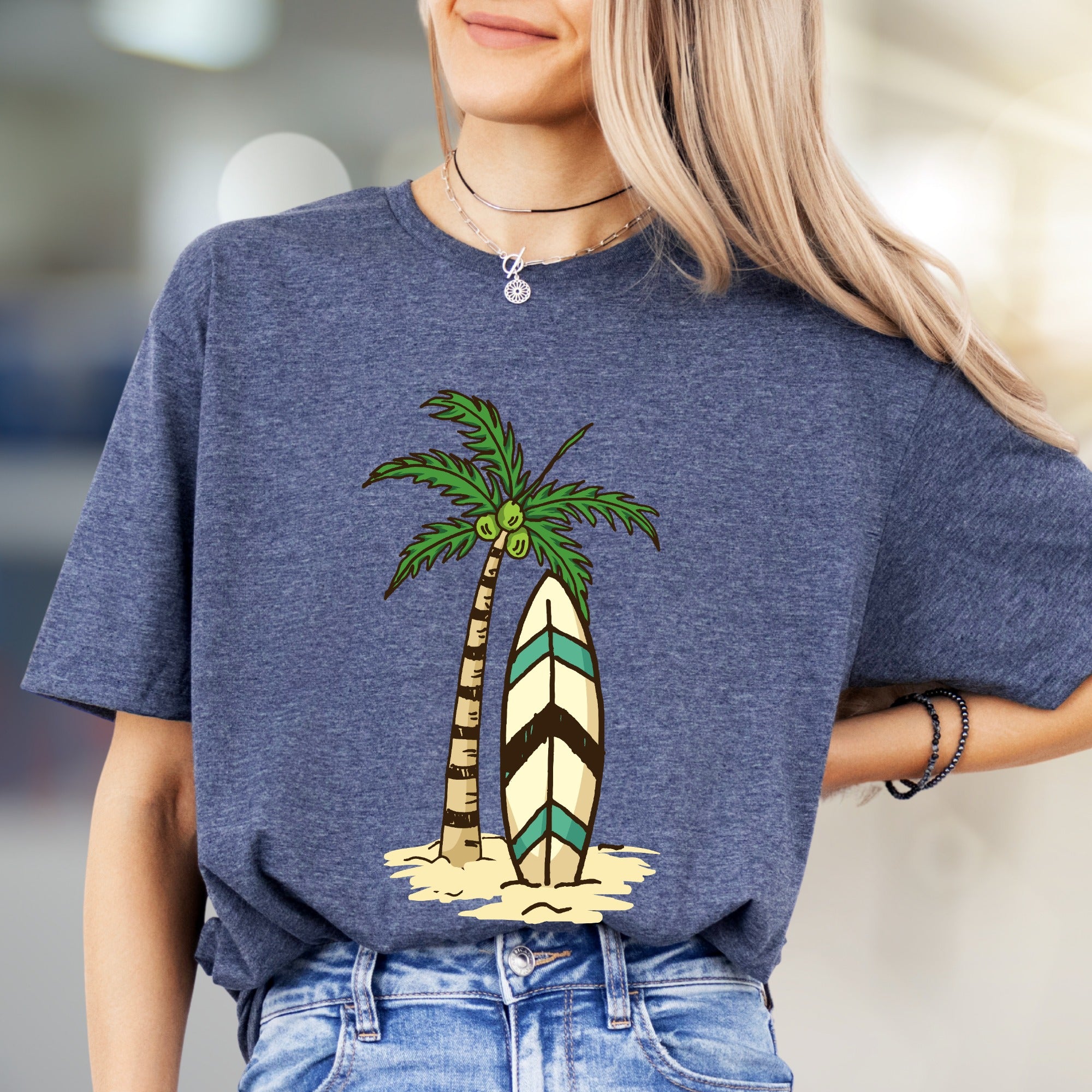 Palm Tree Surfboard Island Zen Graphic Tee, A Tropical Escape for Beach Lovers