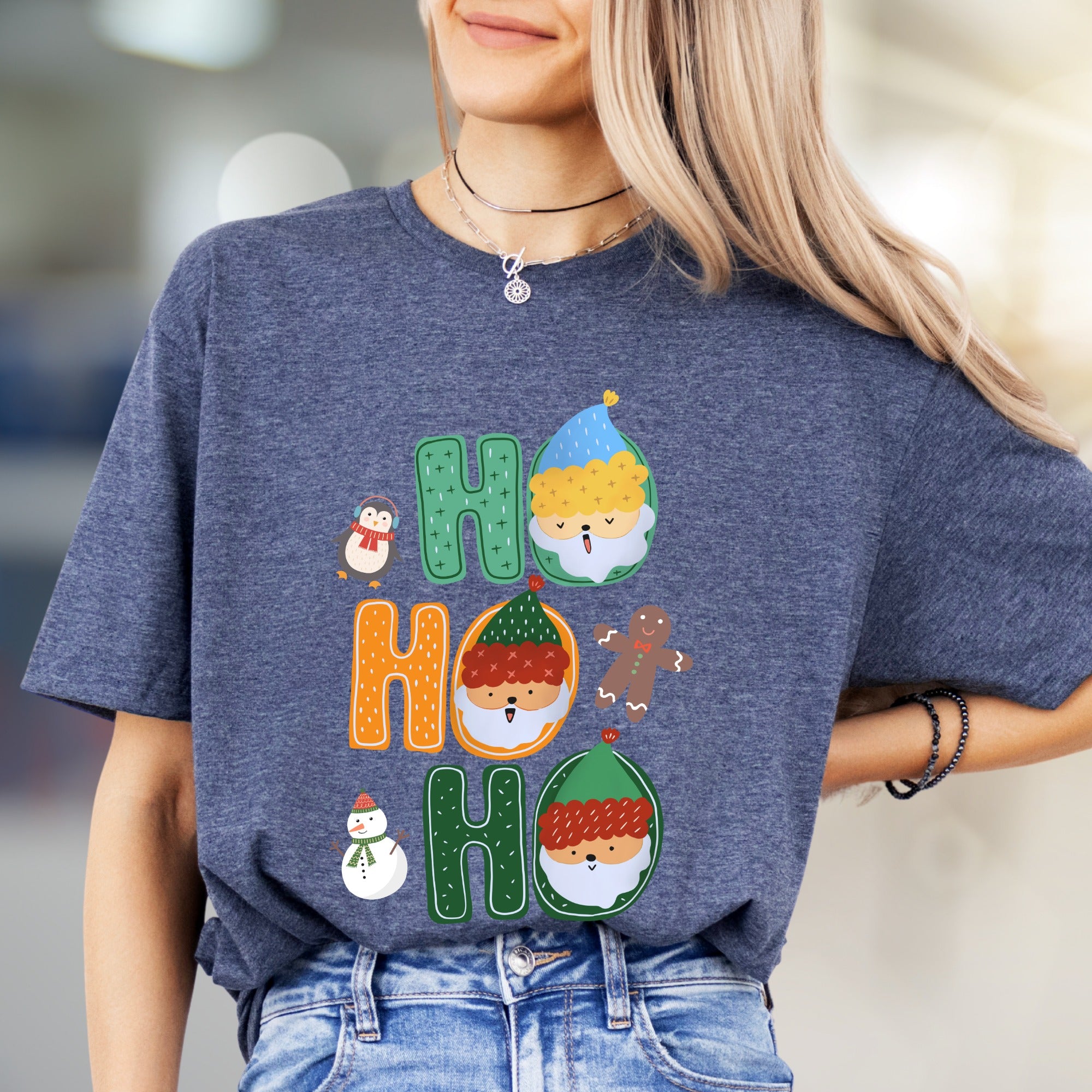 "HO HO HO" Christmas Characters Graphic Tee, a Festive Holiday Pick for Merrymakers