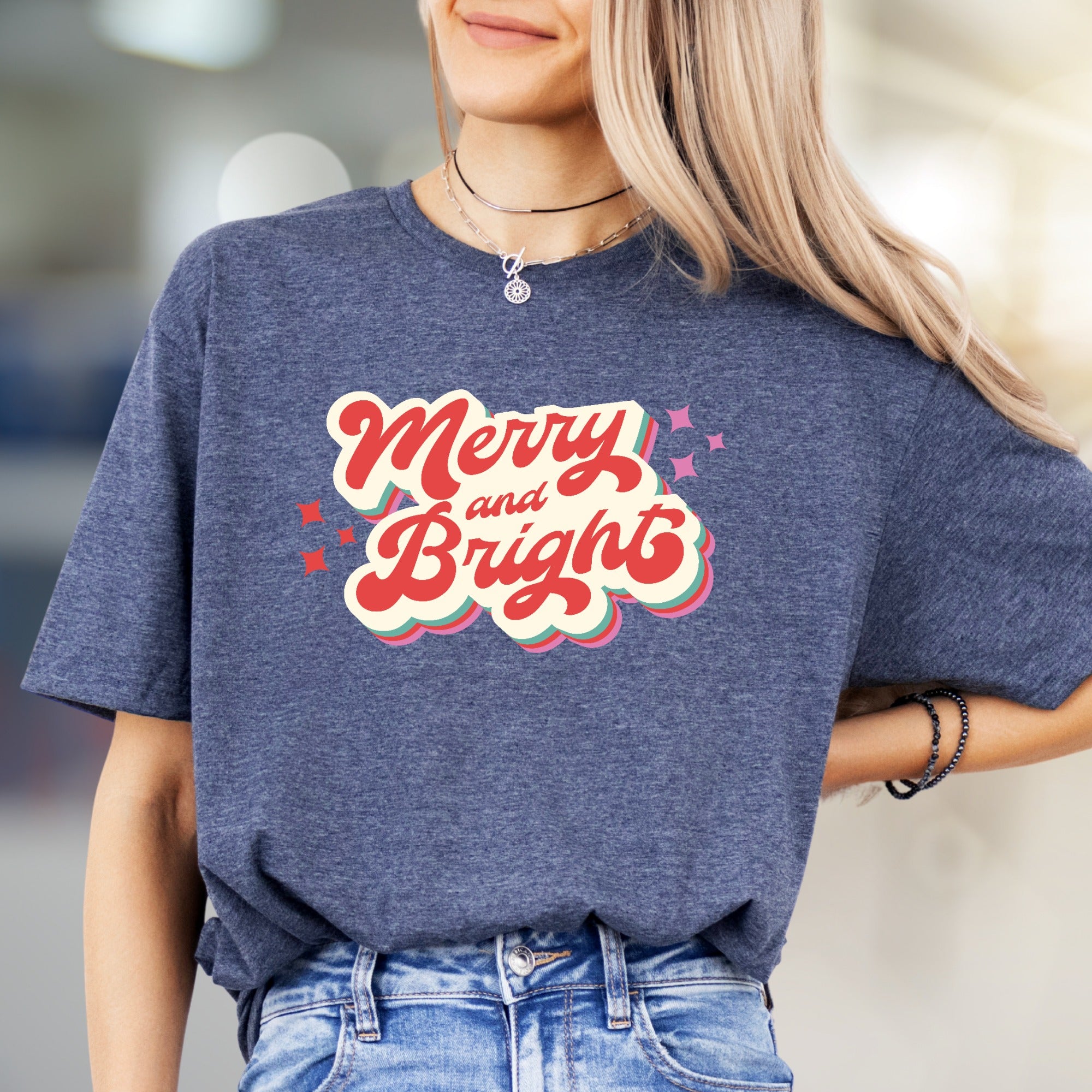 "Merry and Bright" Retro Holiday Graphic Tee, a Festive Pick for Joyful Souls