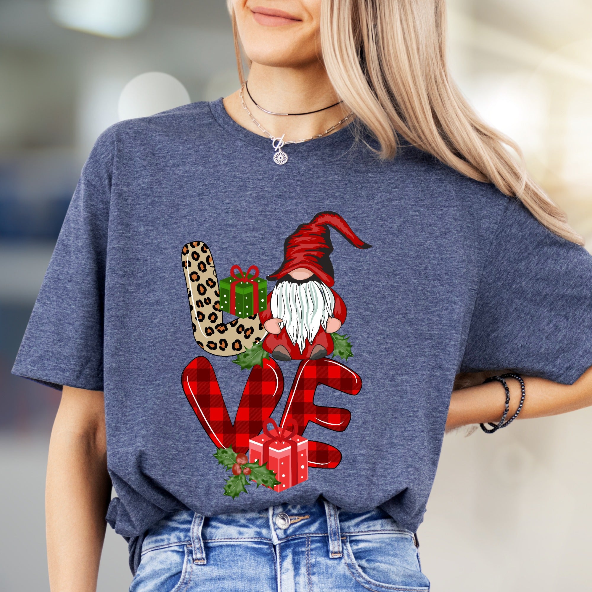 "LOVE" Gnome Leopard Plaid Graphic Tee, a Festive Holiday Gift for Her