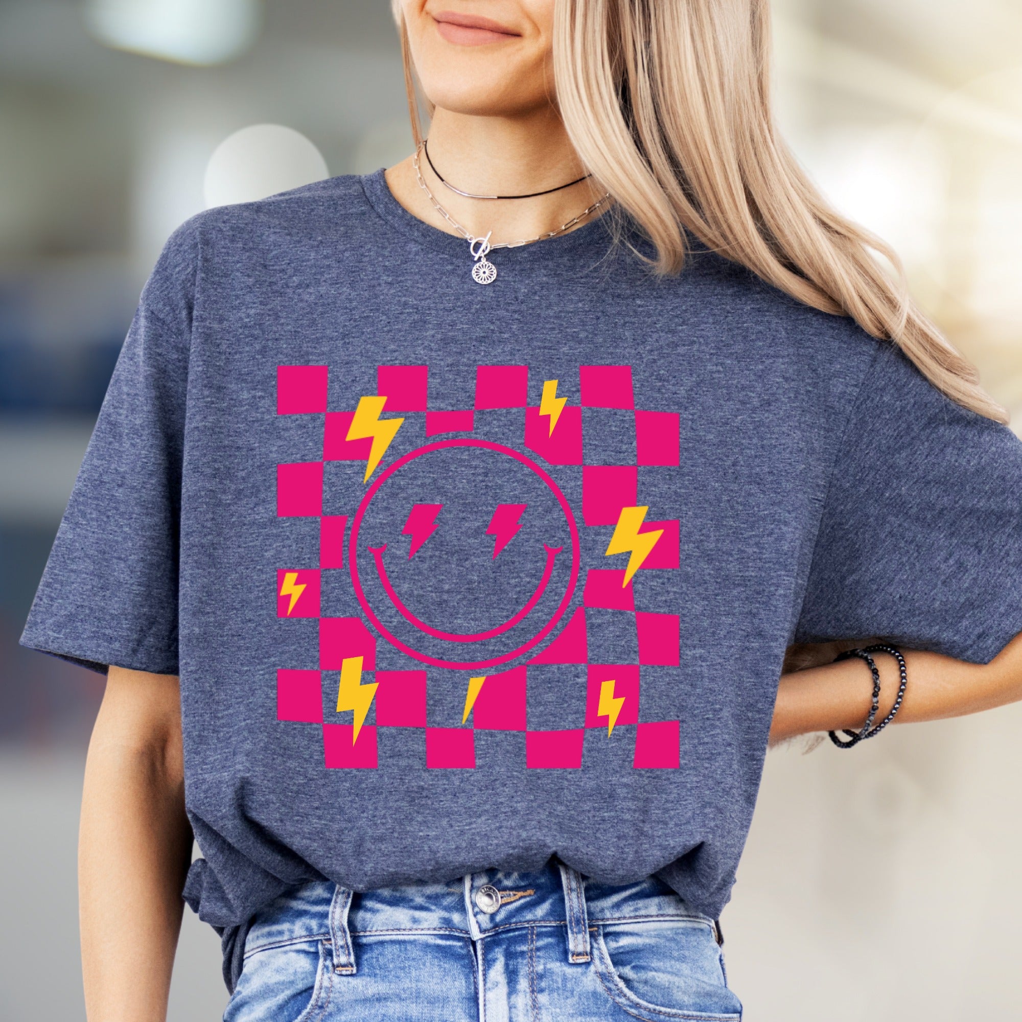Neon Checkerboard Lightning Smiley Face Graphic Tee, a Bold Y2K Pick for Trendsetters