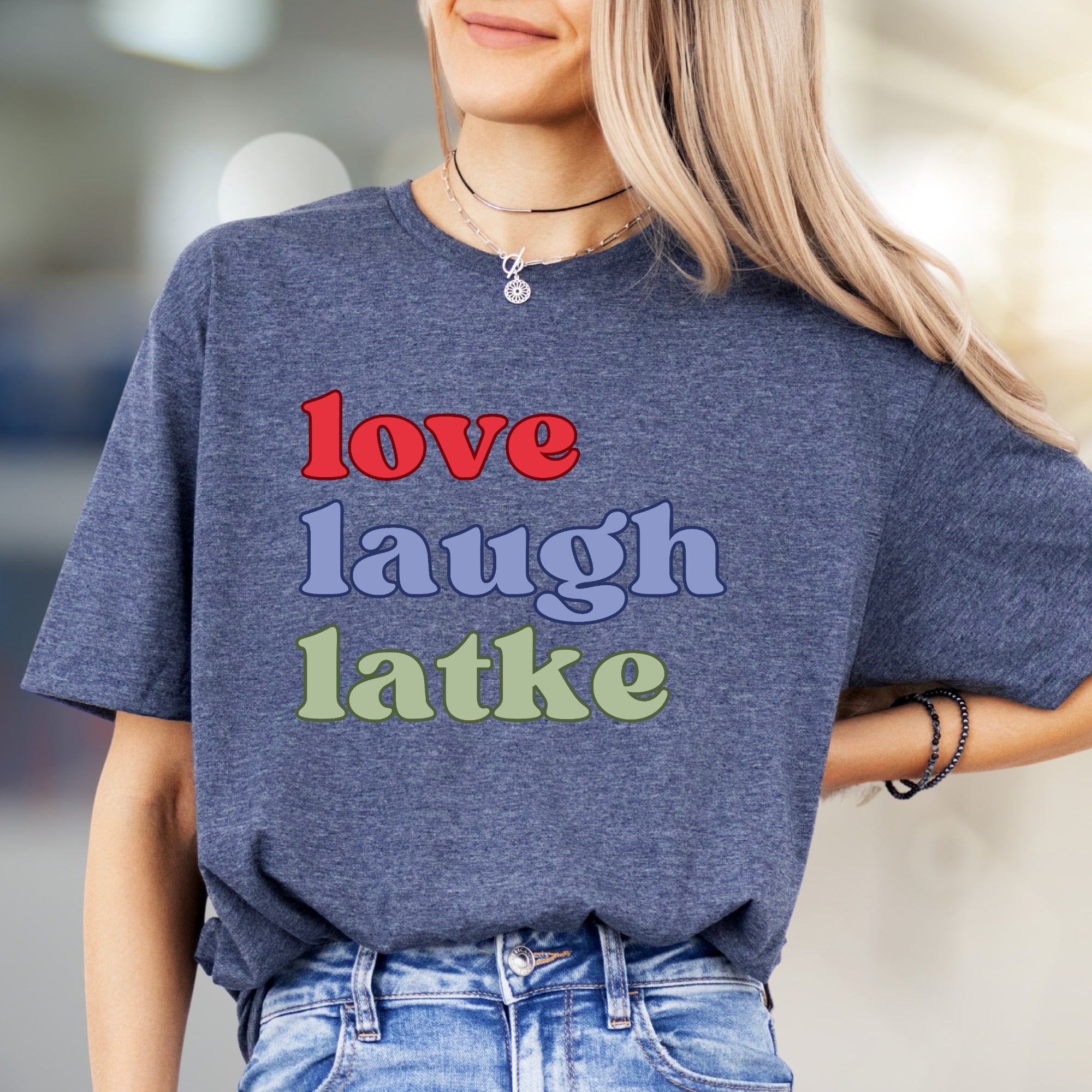 "love laugh latke" Whimsical Foodie Graphic Tee, a Humorous Pick for Latke Lovers