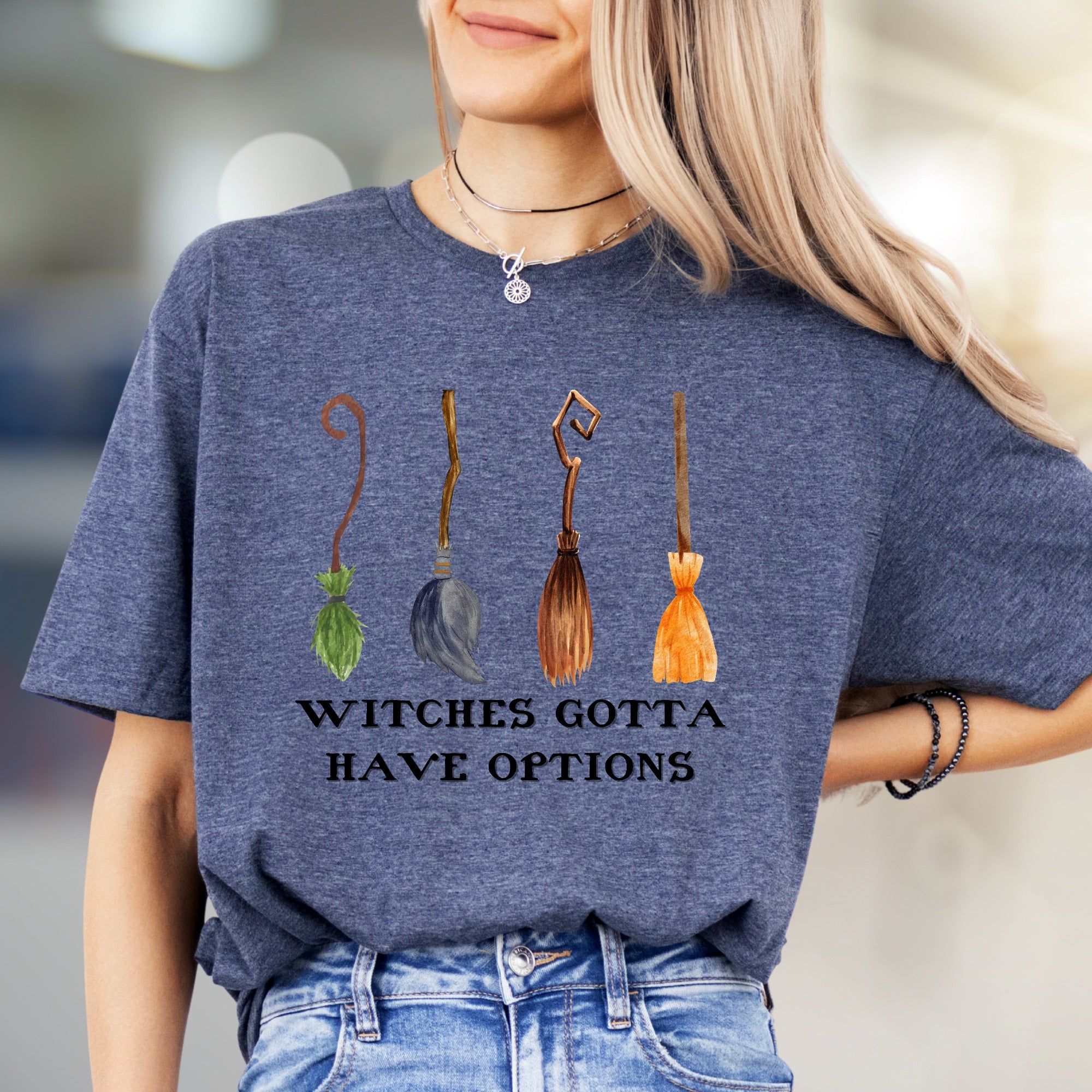 "Witches Gotta Have Options" Halloween Broomstick Graphic Tee, a Spooky Chic Pick for Witches