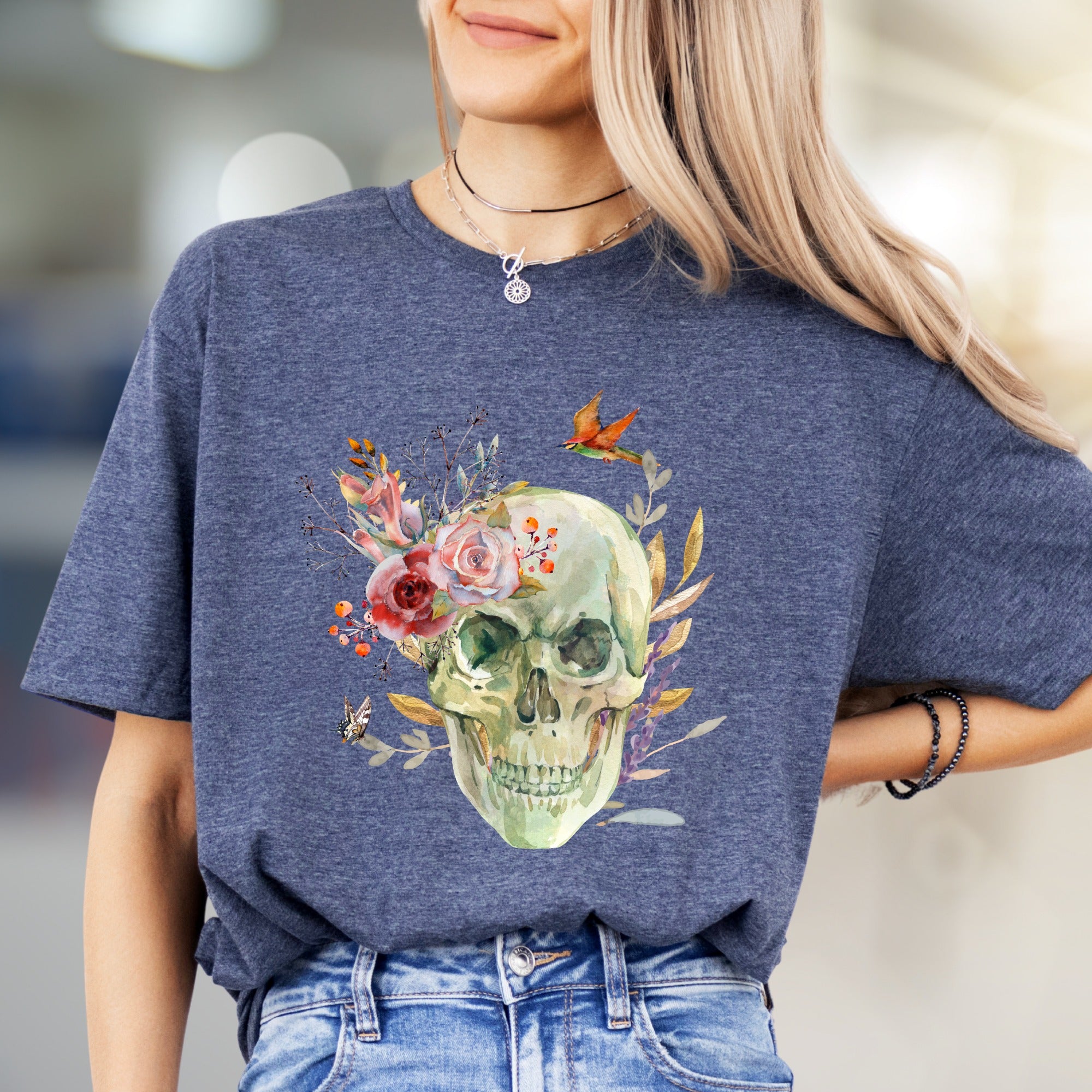 Floral Skull Watercolor Graphic Tee, a Nature-Inspired Pick for Art Lovers