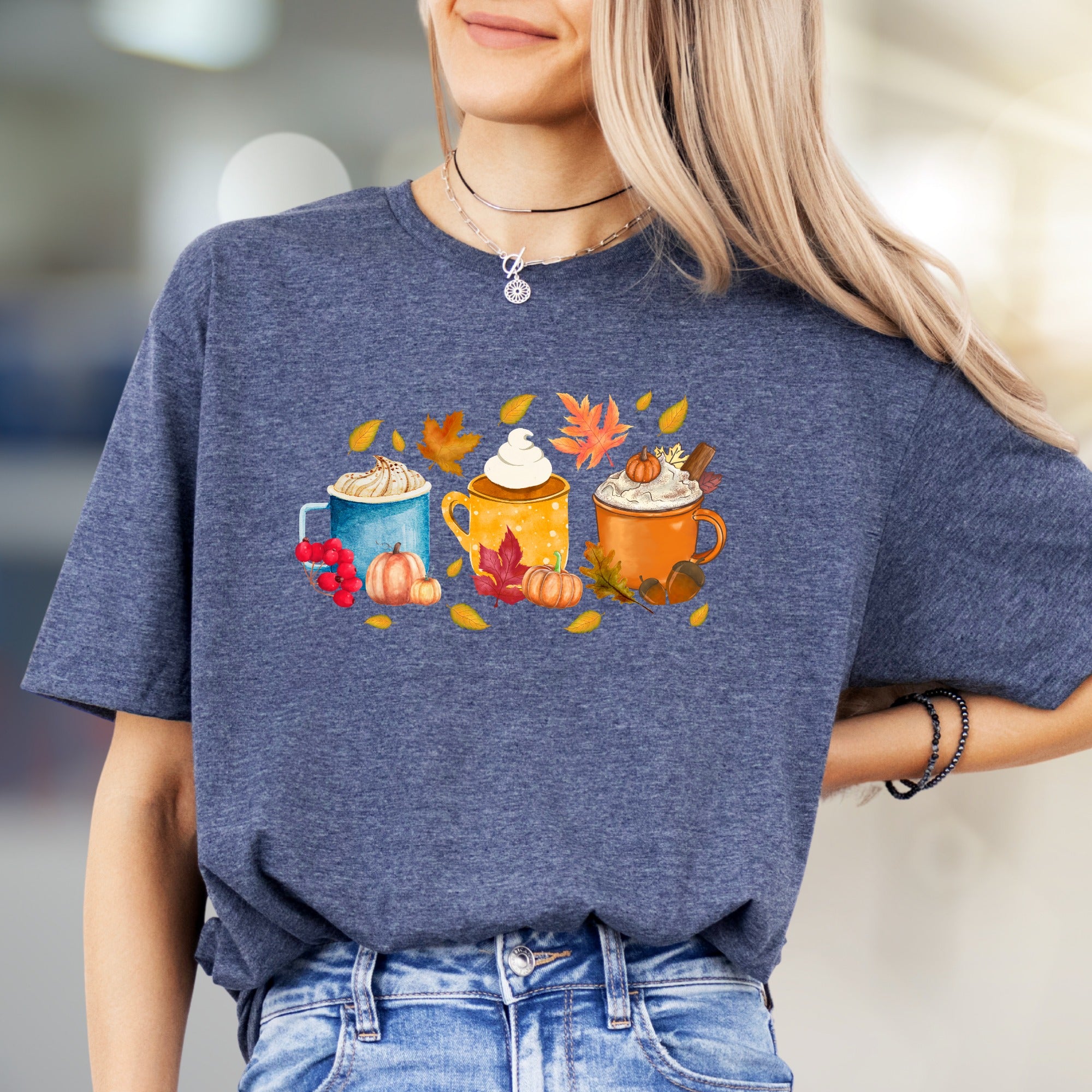 Autumn Coffee Mug Collage Graphic Tee, a Cozy Fall Fashion Pick for PSL Lovers