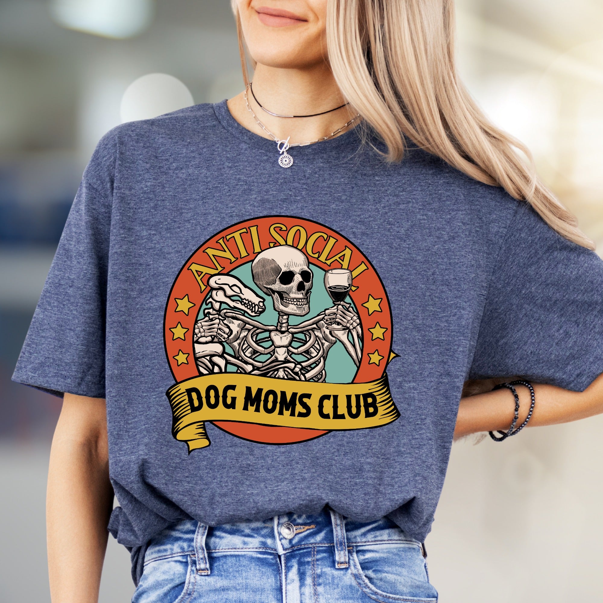 "Anti Social Dog Moms Club" Skeleton Graphic Tee, a Witty Pick for Dog Lovers