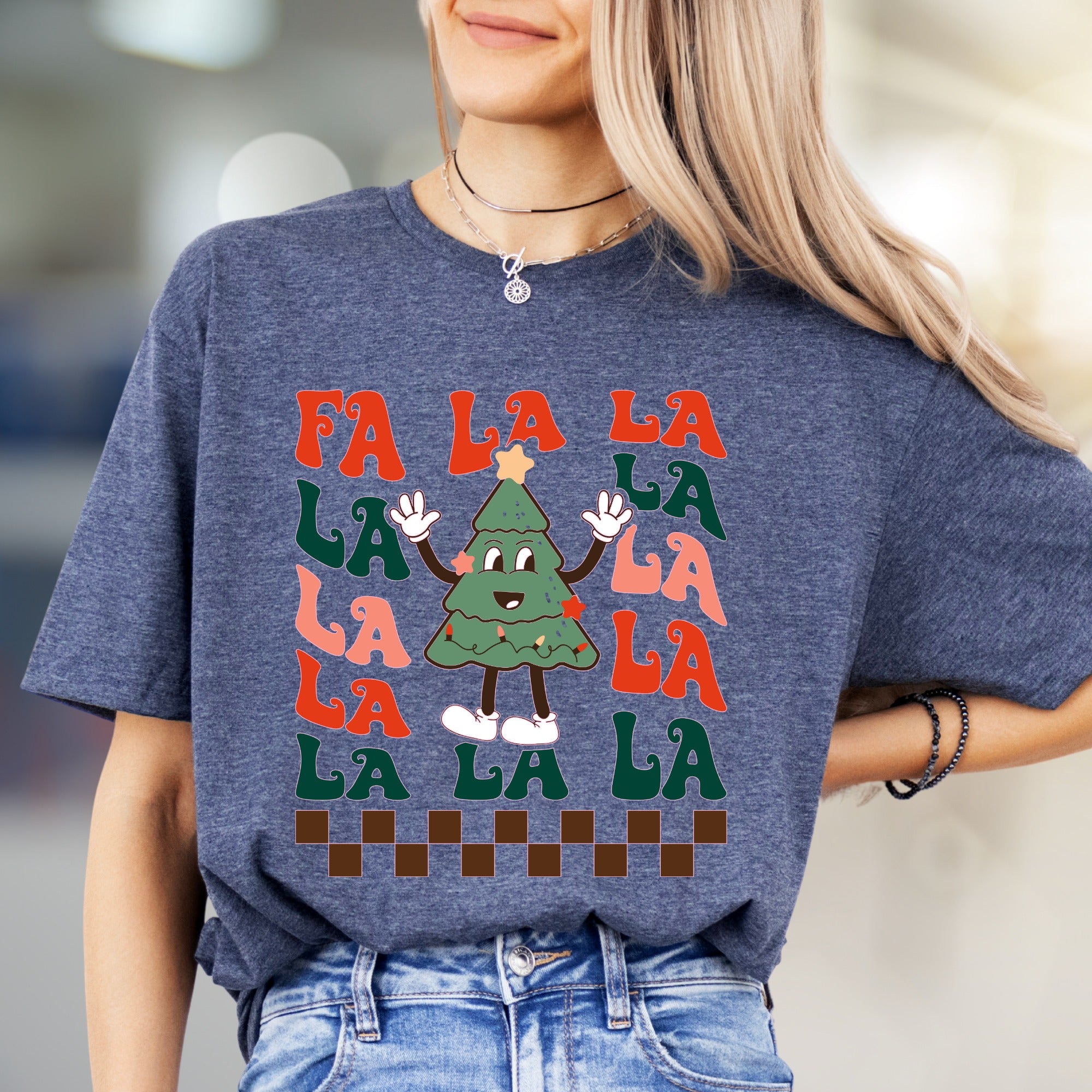 "FA LA LA" Retro Christmas Tree Graphic Tee, A Festive Holiday Pick for Enthusiasts