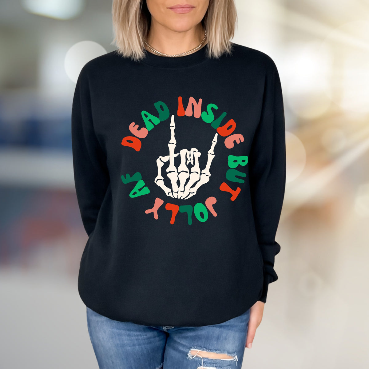 "Dead Inside But Jolly" Spooky Christmas Graphic Sweatshirt, a Humorous Holiday Pick for Rebels