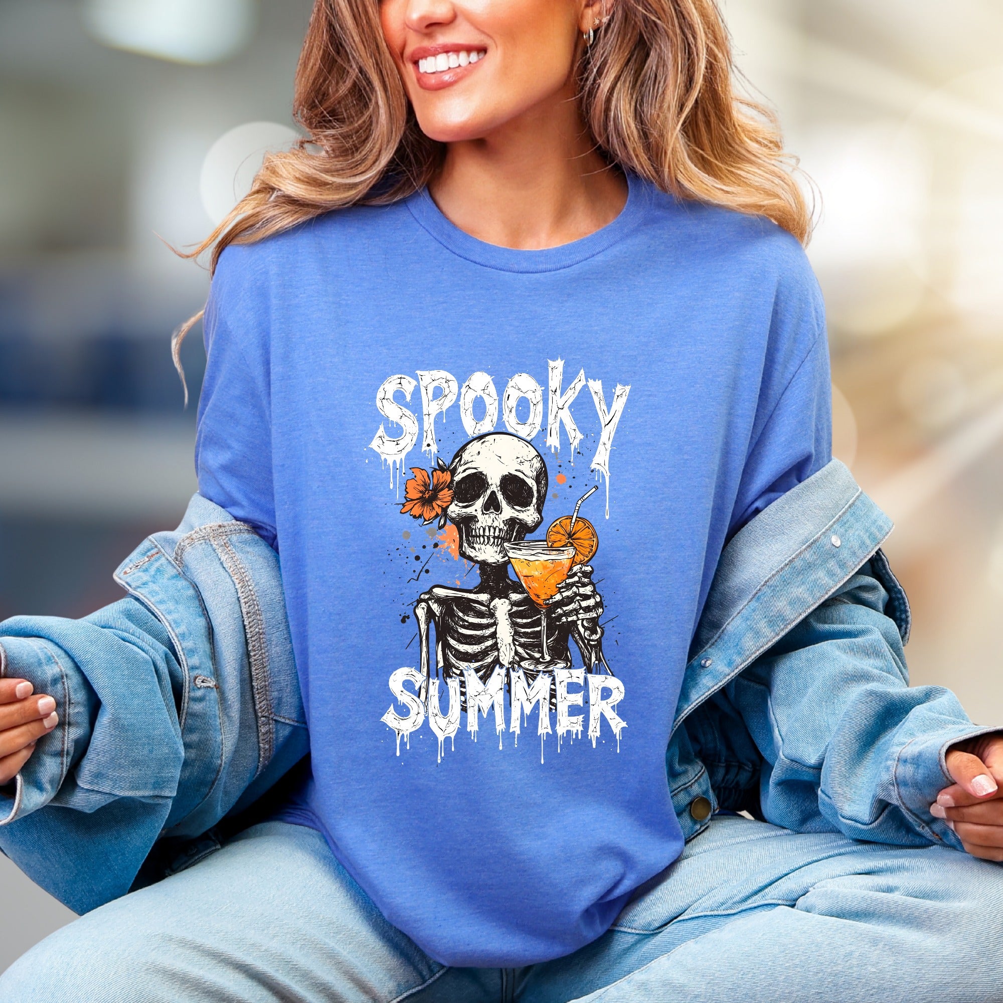 "Spooky Summer" Skeleton Cocktail Graphic Tee, a Gothic Beach Pick for Dark Humor Enthusiasts
