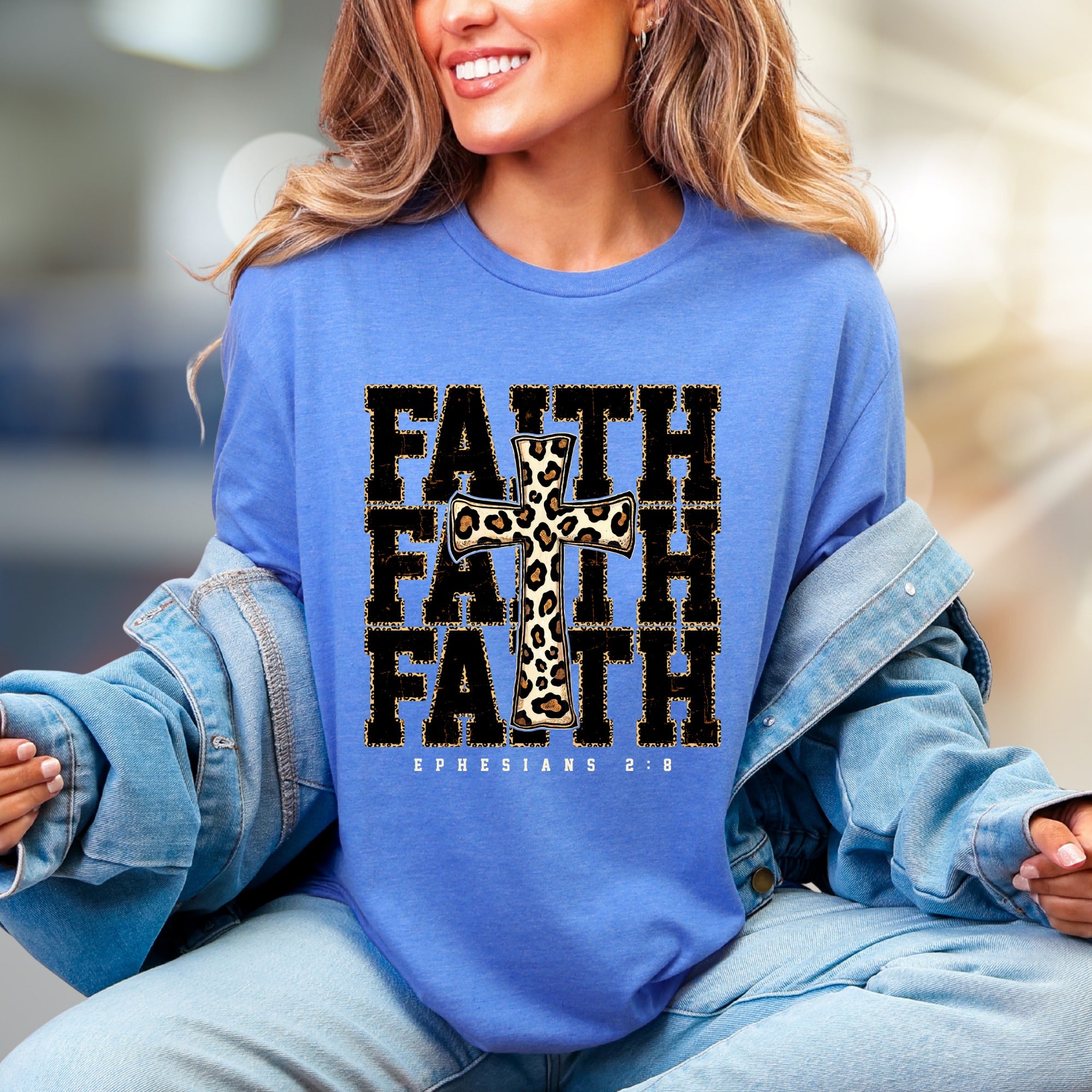 "Faith Ephesians 2:8" Leopard Print Cross Graphic Tee, a Spiritual Boho Pick for Believers