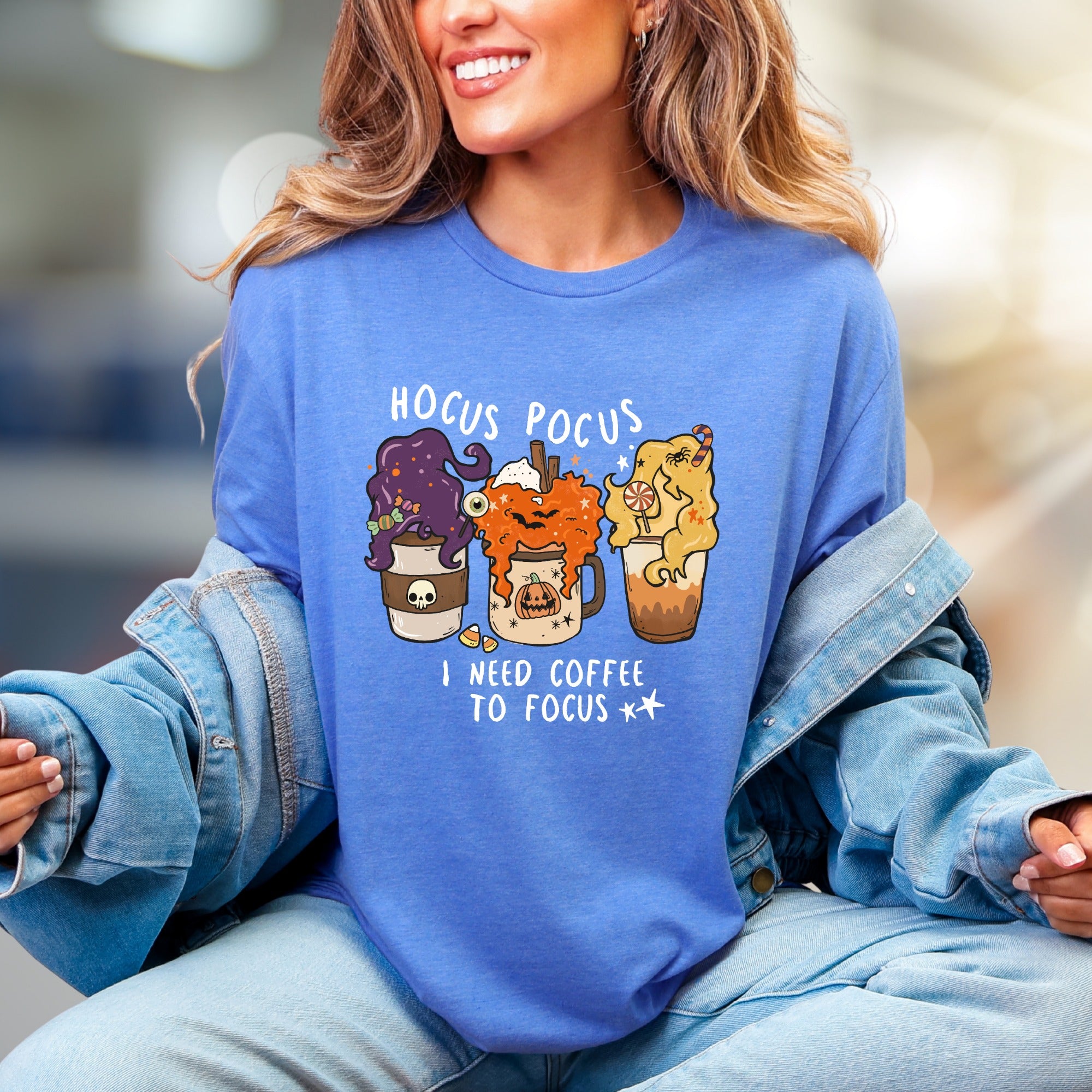 "Hocus Pocus I Need Coffee to Focus" Halloween Coffee Graphic Tee, a Spooky Funny Pick for Caffeine Lovers