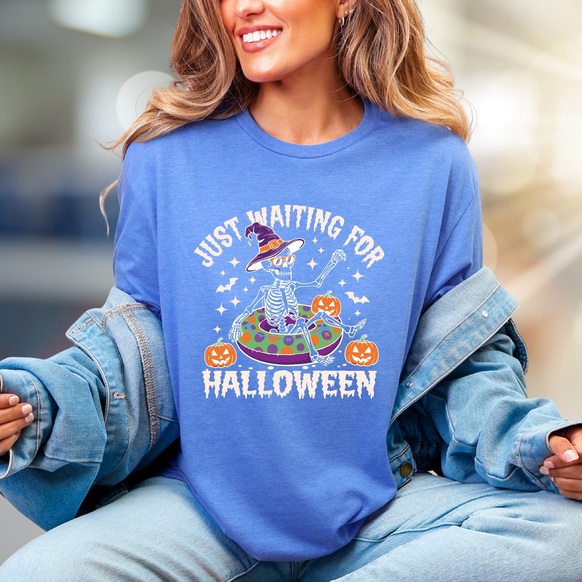 "JUST WAITING FOR HALLOWEEN" Spooky Skeleton Graphic Tee, a Funny Holiday Pick for Spooky Season Lovers