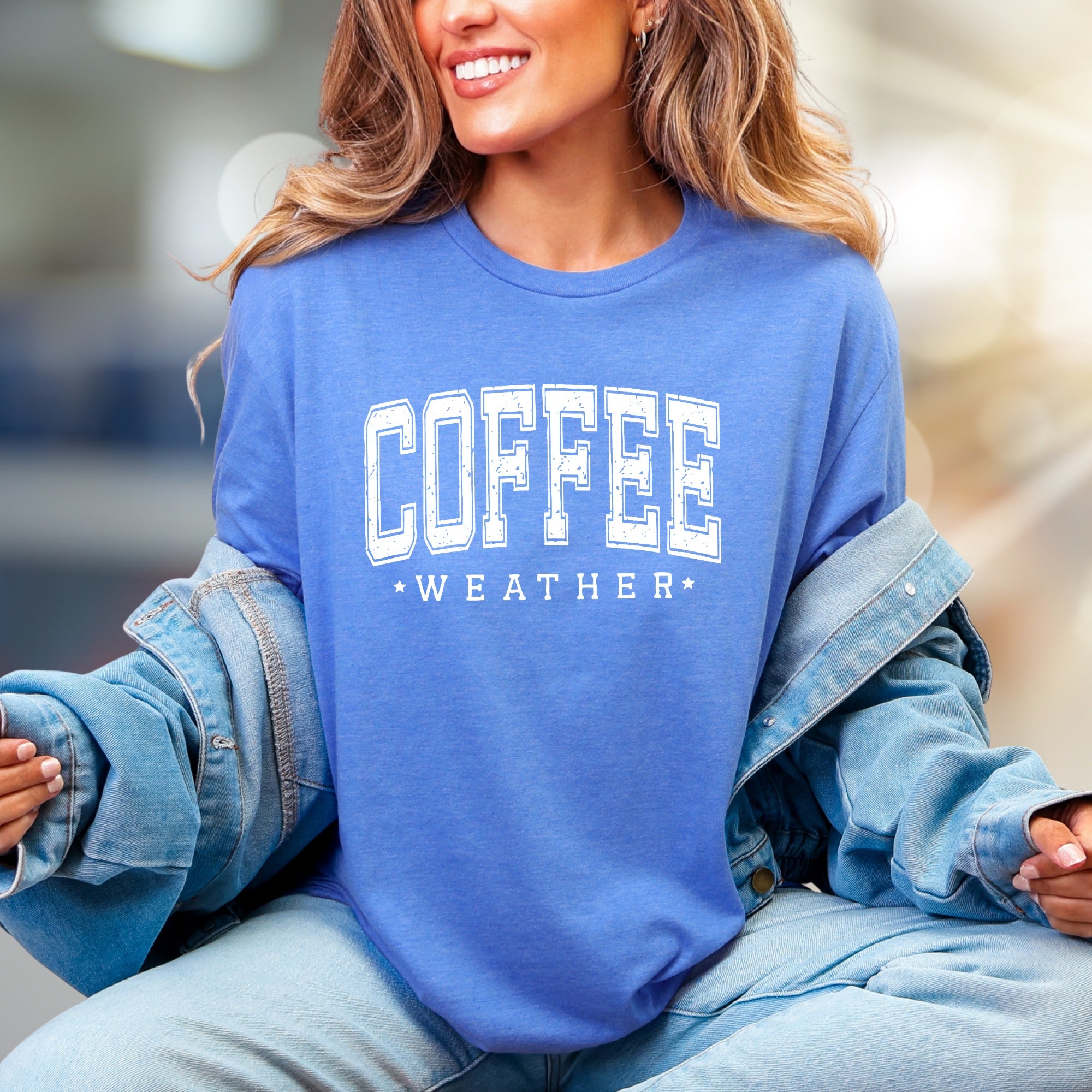 "Coffee Weather" Rustic Collegiate Graphic Tee, a Cozy Pick for Beverage Lovers