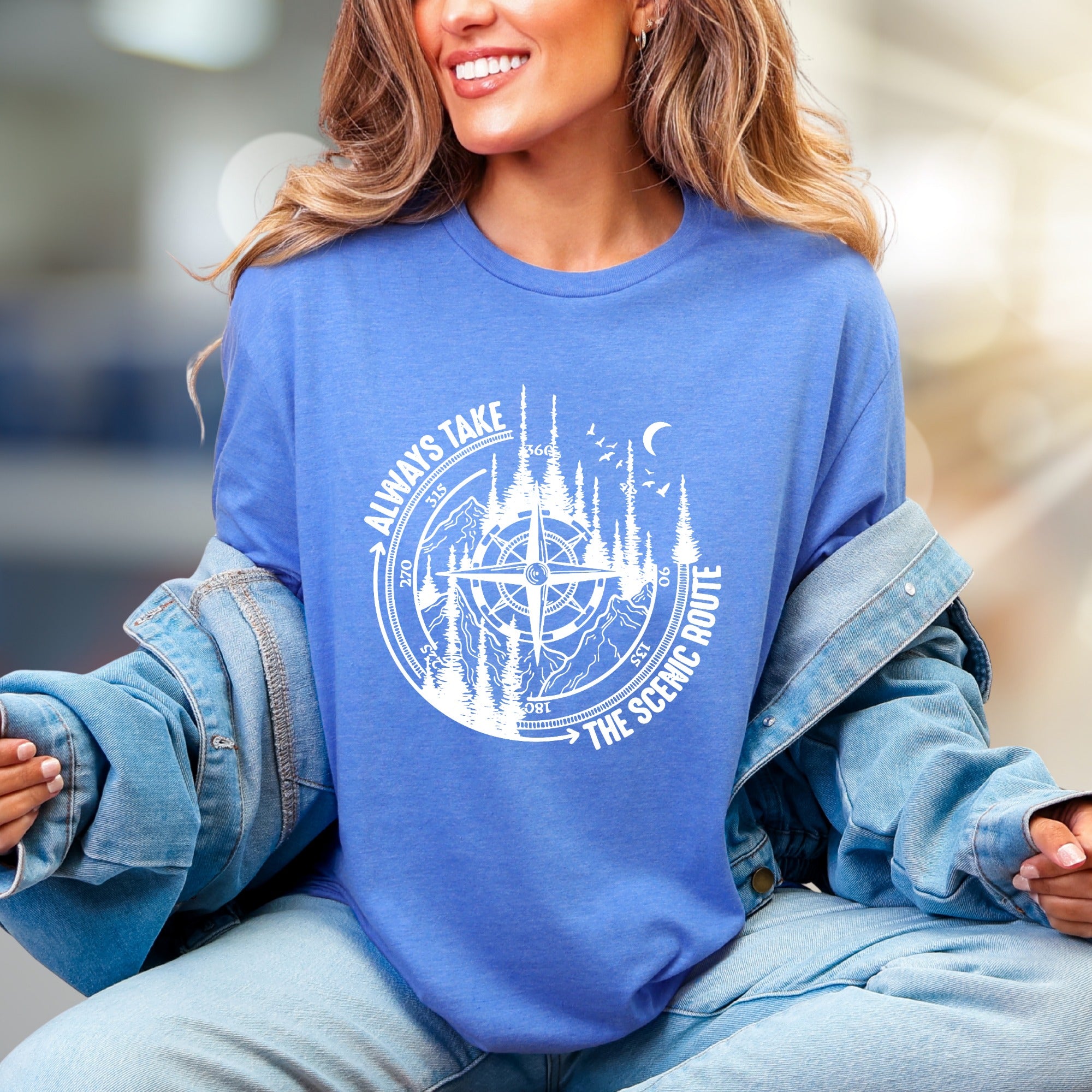 "Always Take The Scenic Route" Wilderness Compass Graphic Tee, an Adventure Enthusiast Pick for Outdoor Lovers