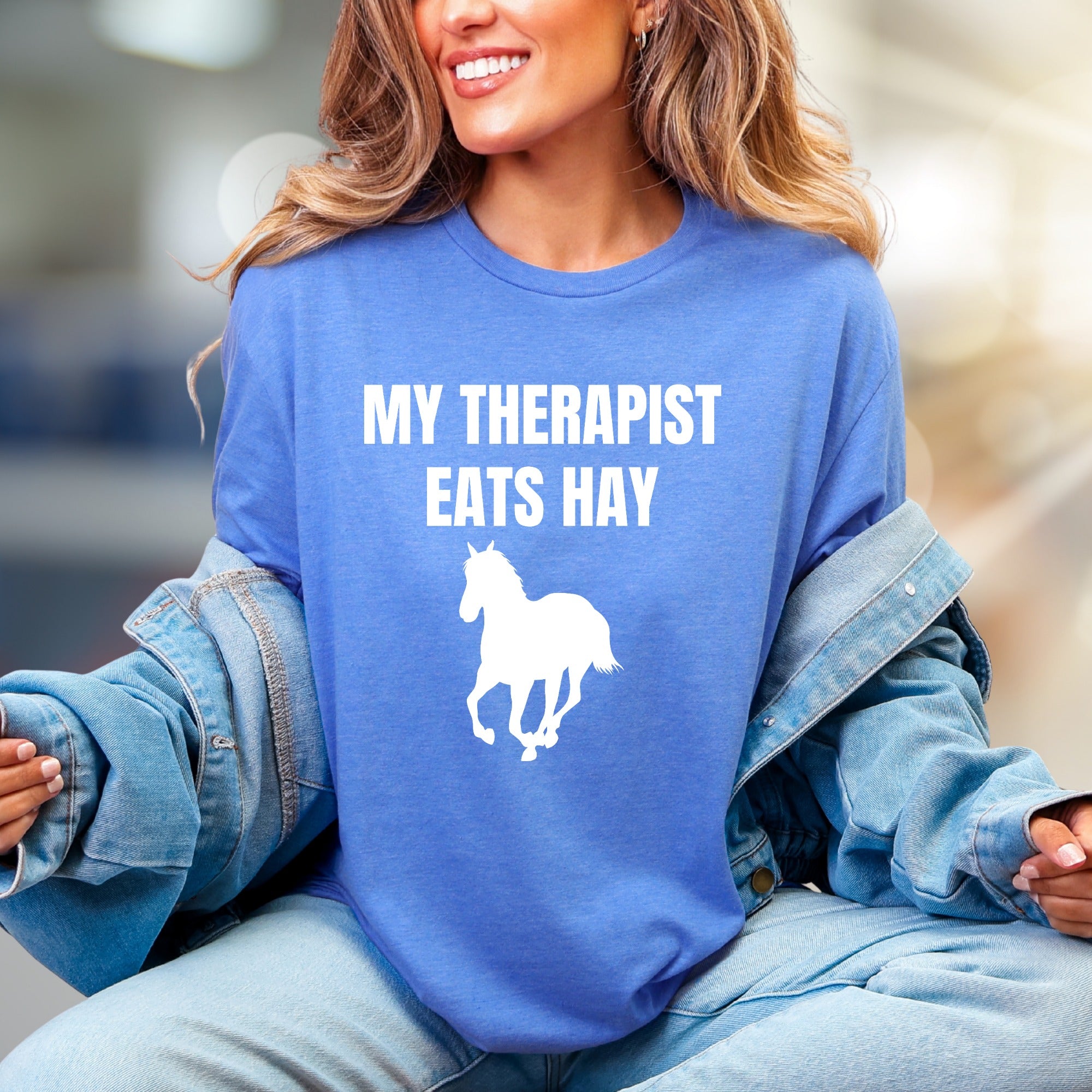 "My Therapist Eats Hay" Horse Graphic Tee, a Funny Equestrian Pick for Horse Lovers