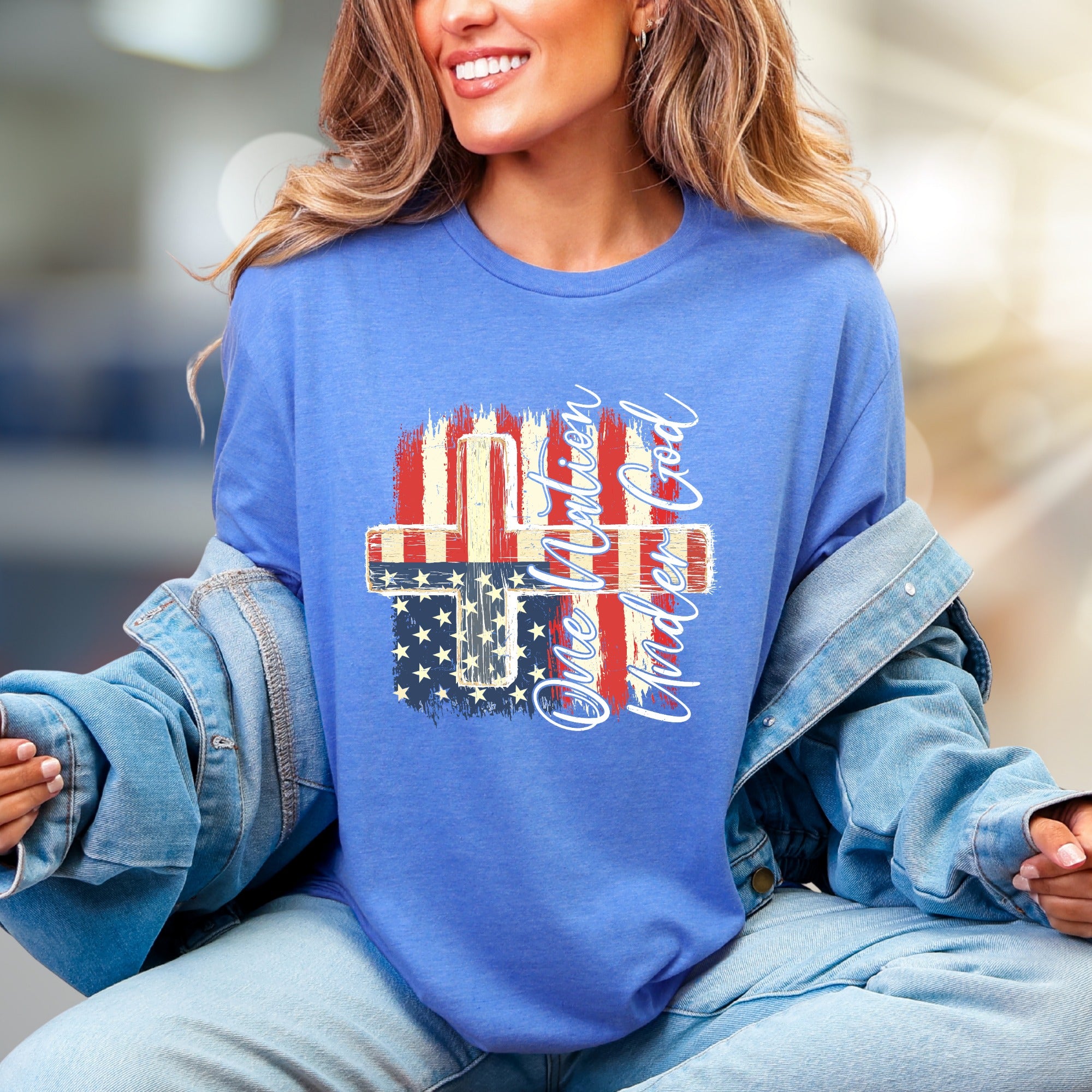 "One Nation Under God" Distressed Flag Cross Tee, a Patriotic Faith Statement