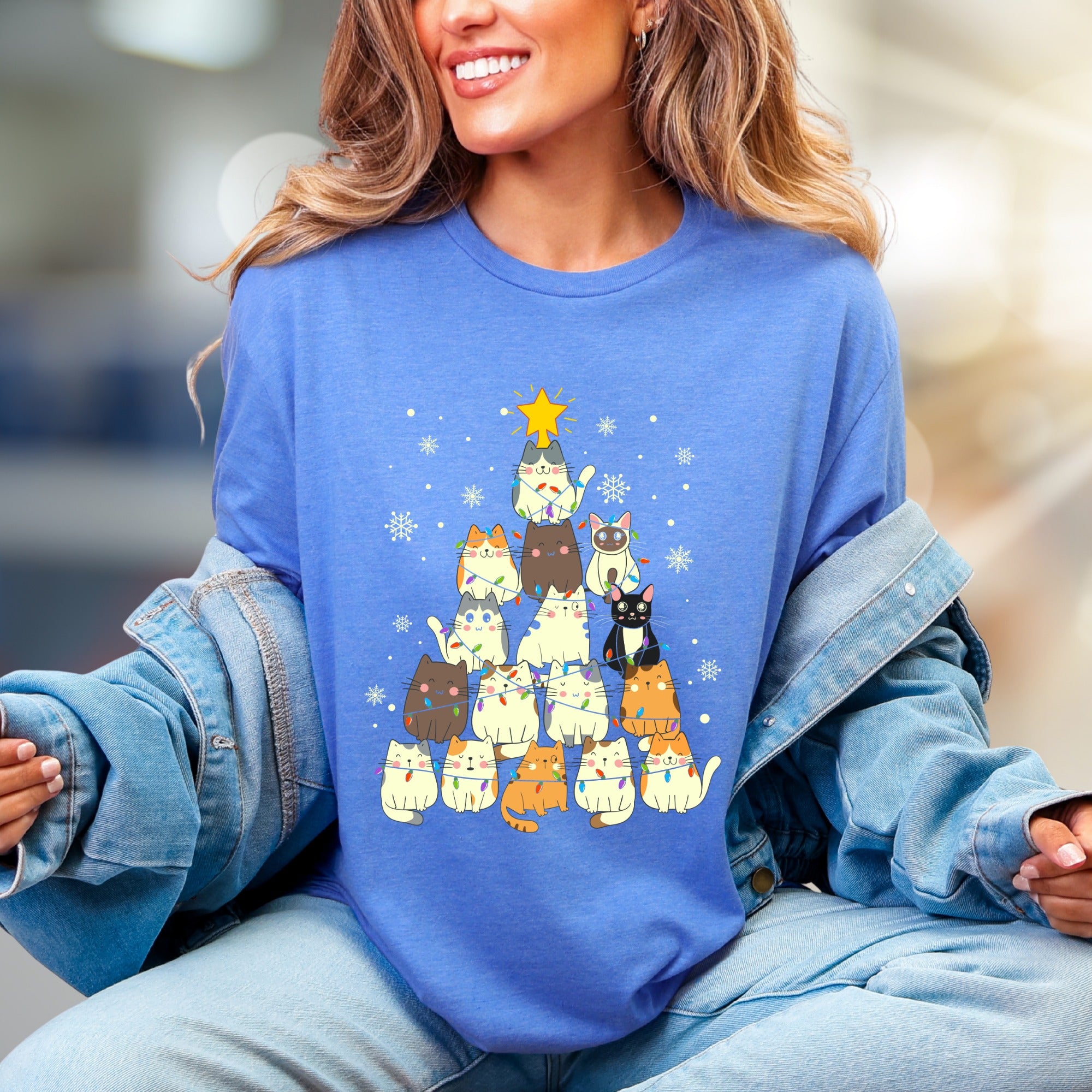 Charming Cat Christmas Tree Graphic Tee, A Cozy Holiday Pick for Pet Lovers