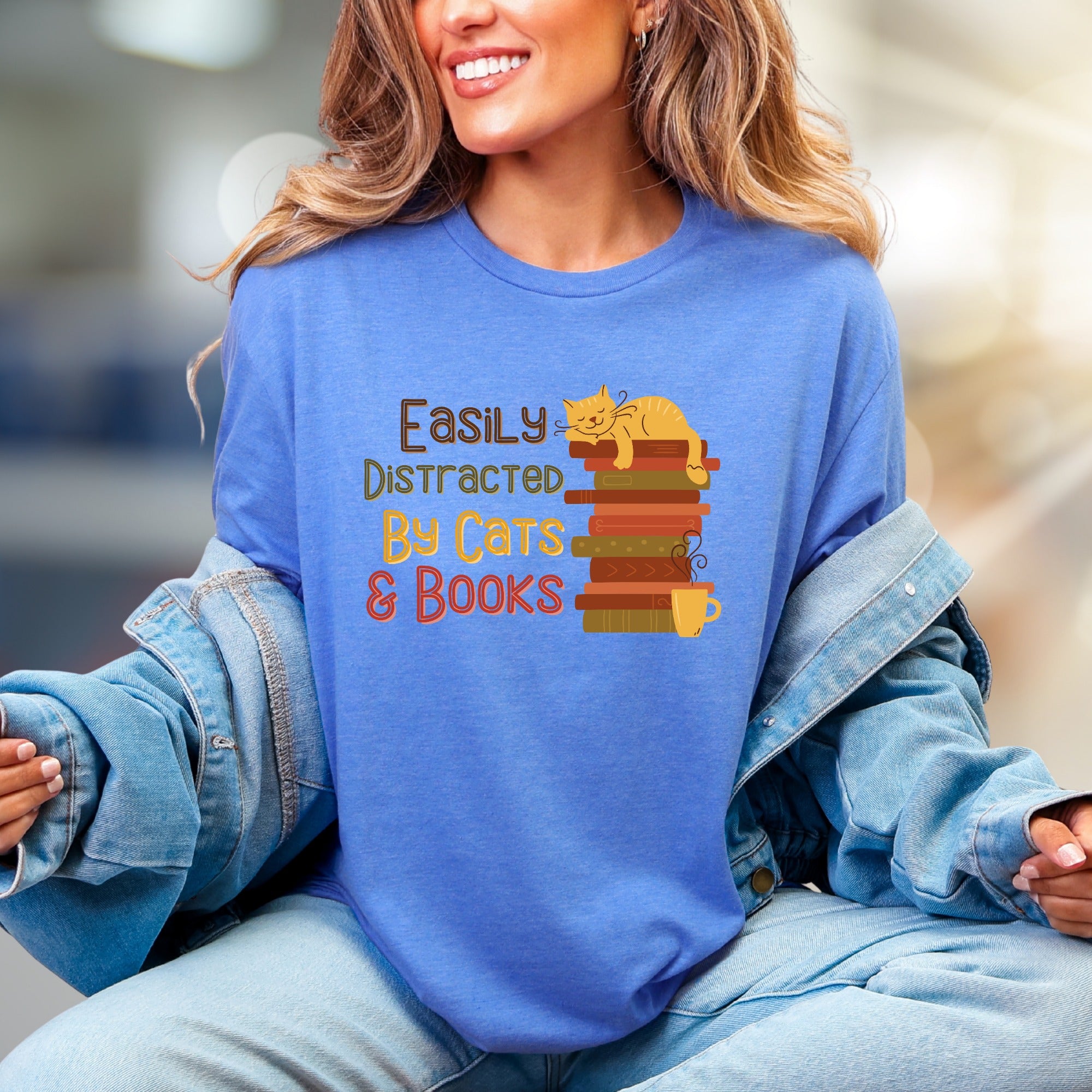 "Easily Distracted By Cats & Books" Cozy Reader Graphic Tee, a Feline Fan Pick for Book Lovers