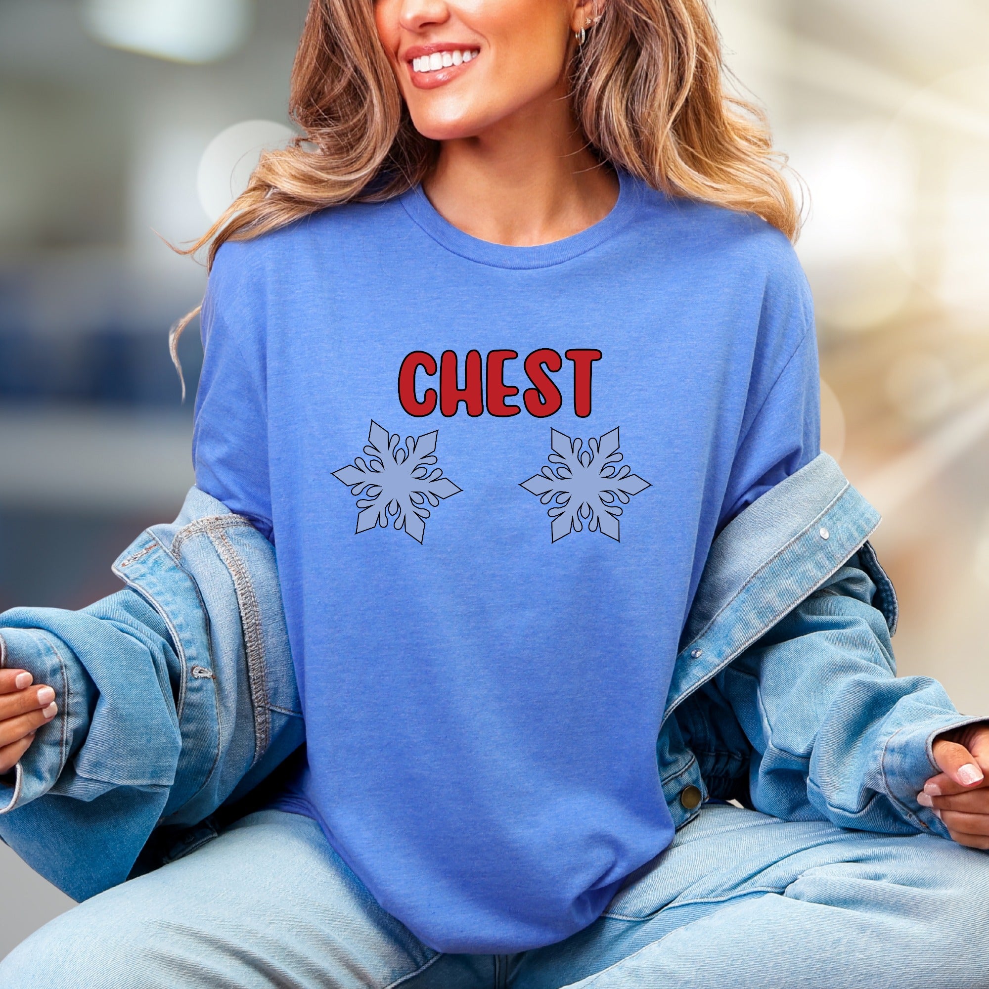 "CHEST" Snowflake Humor Graphic Tee, a Witty Winter Pick for Fun Lovers