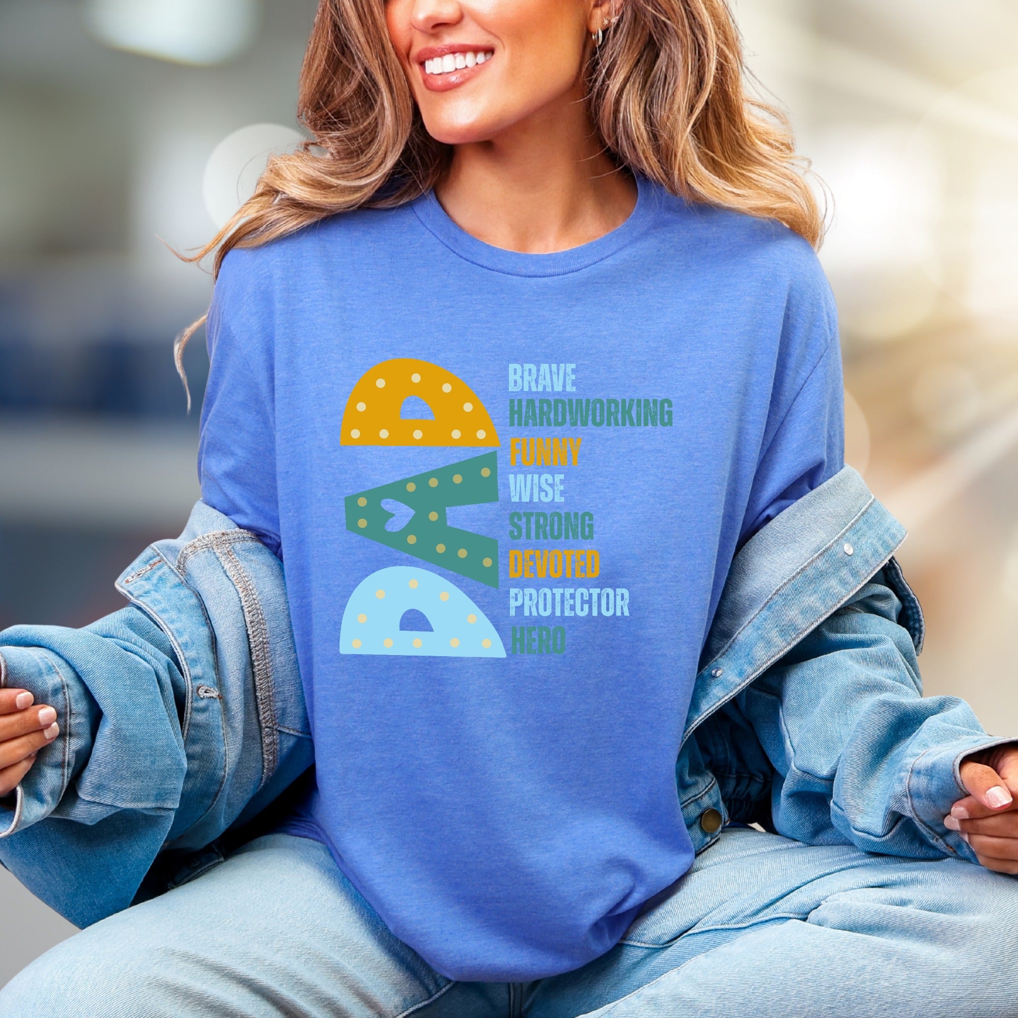 "Brave Hardworking Funny Wise Strong Devoted Protector Hero" Dad Tribute Graphic Tee, a Heartfelt Gift for Fathers