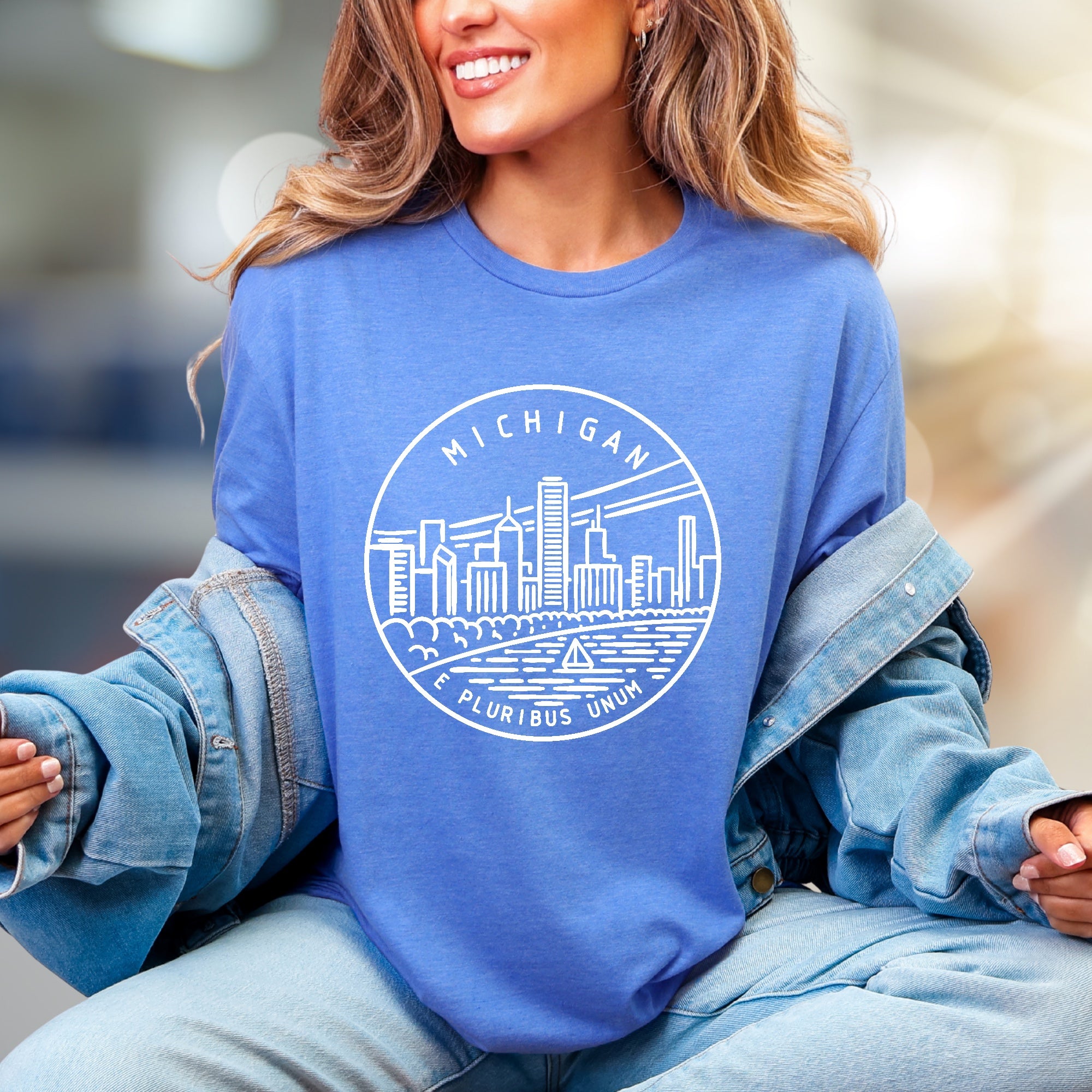 "MICHIGAN E PLURIBUS UNUM" Cityscape Graphic Tee, a State Pride Pick for Travel Enthusiasts