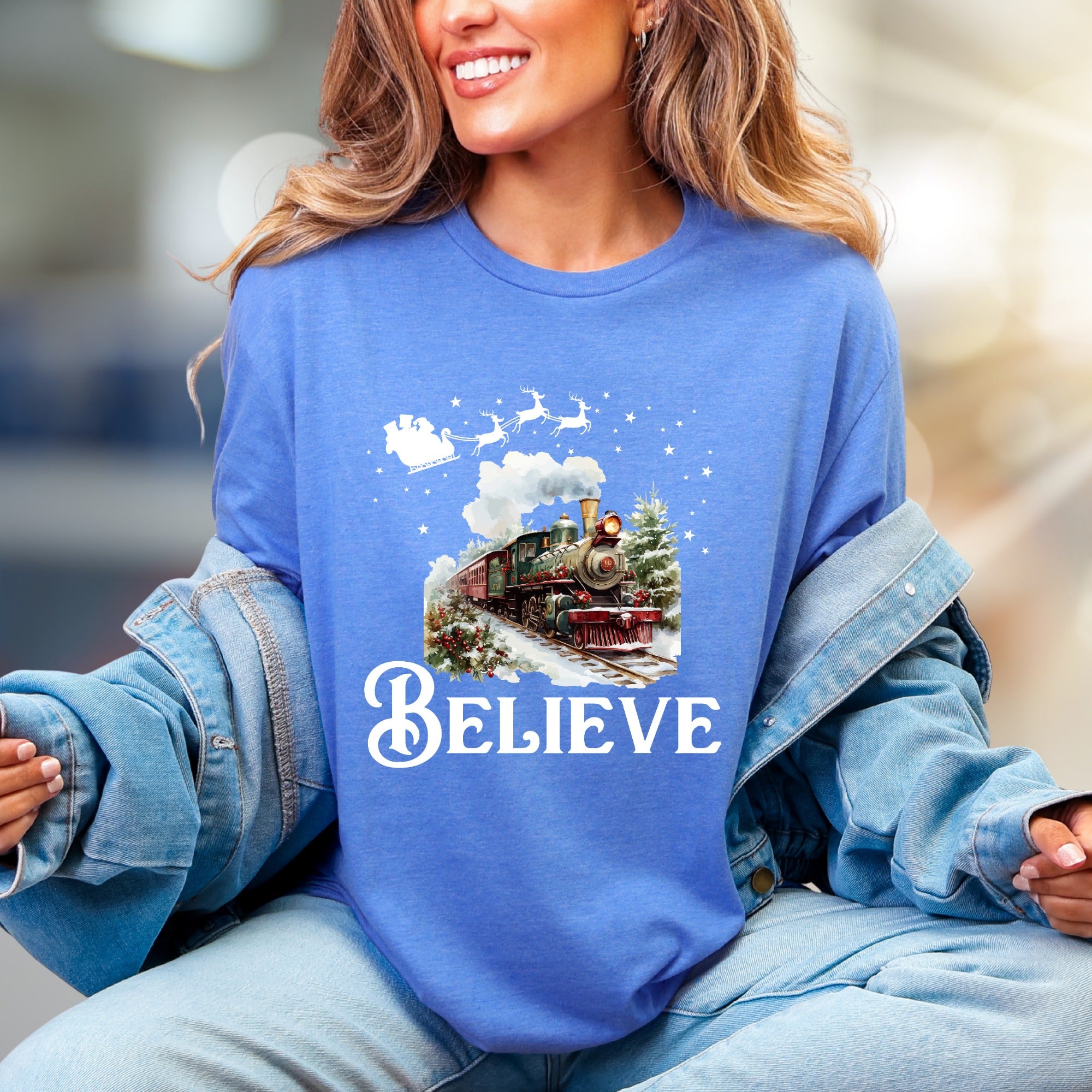 "BELIEVE" Christmas Train Graphic Tee, a Winter Wonderland Pick for Holiday Enthusiasts