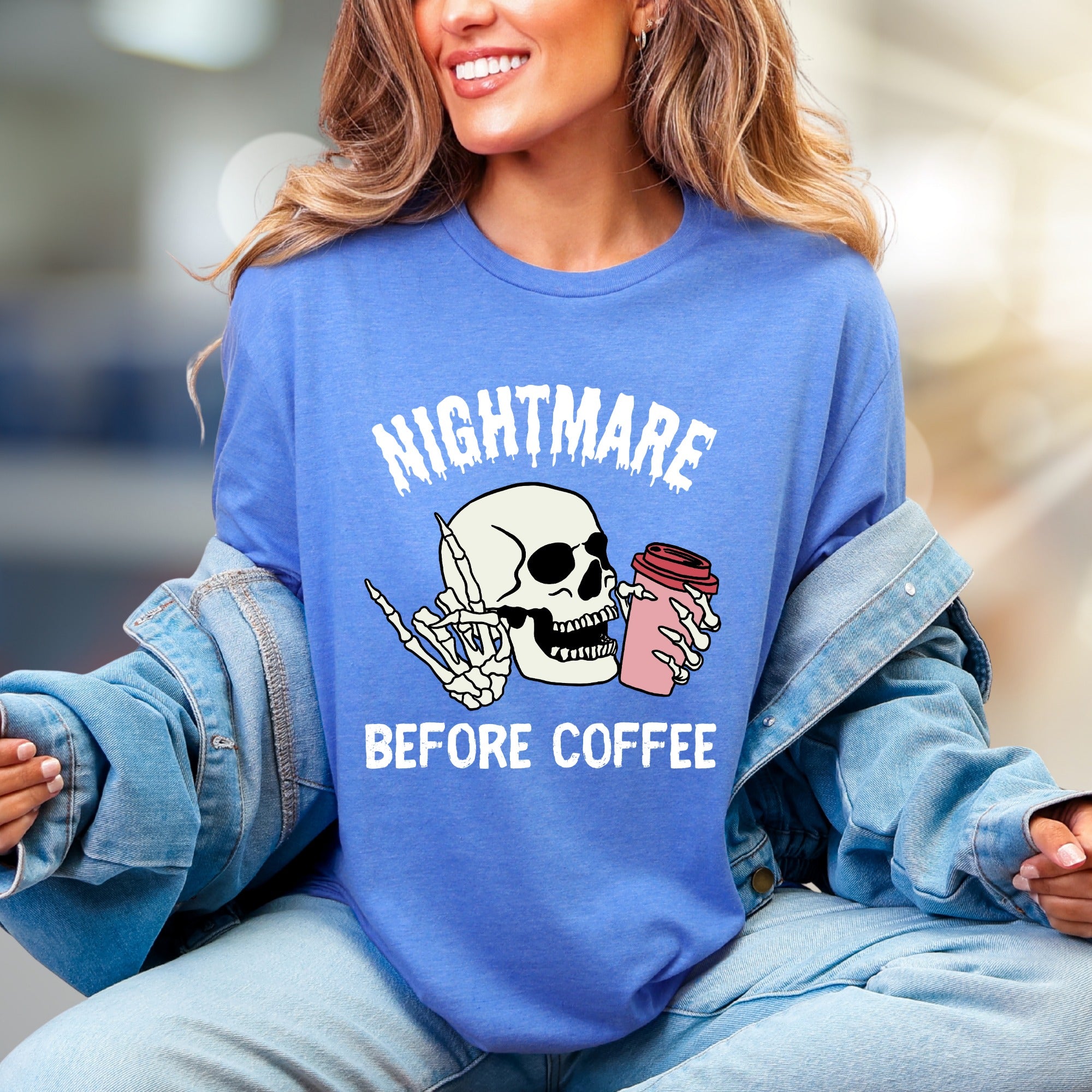 "NIGHTMARE BEFORE COFFEE" Humorous Skeleton Graphic Tee, a Witty Statement for Coffee Lovers
