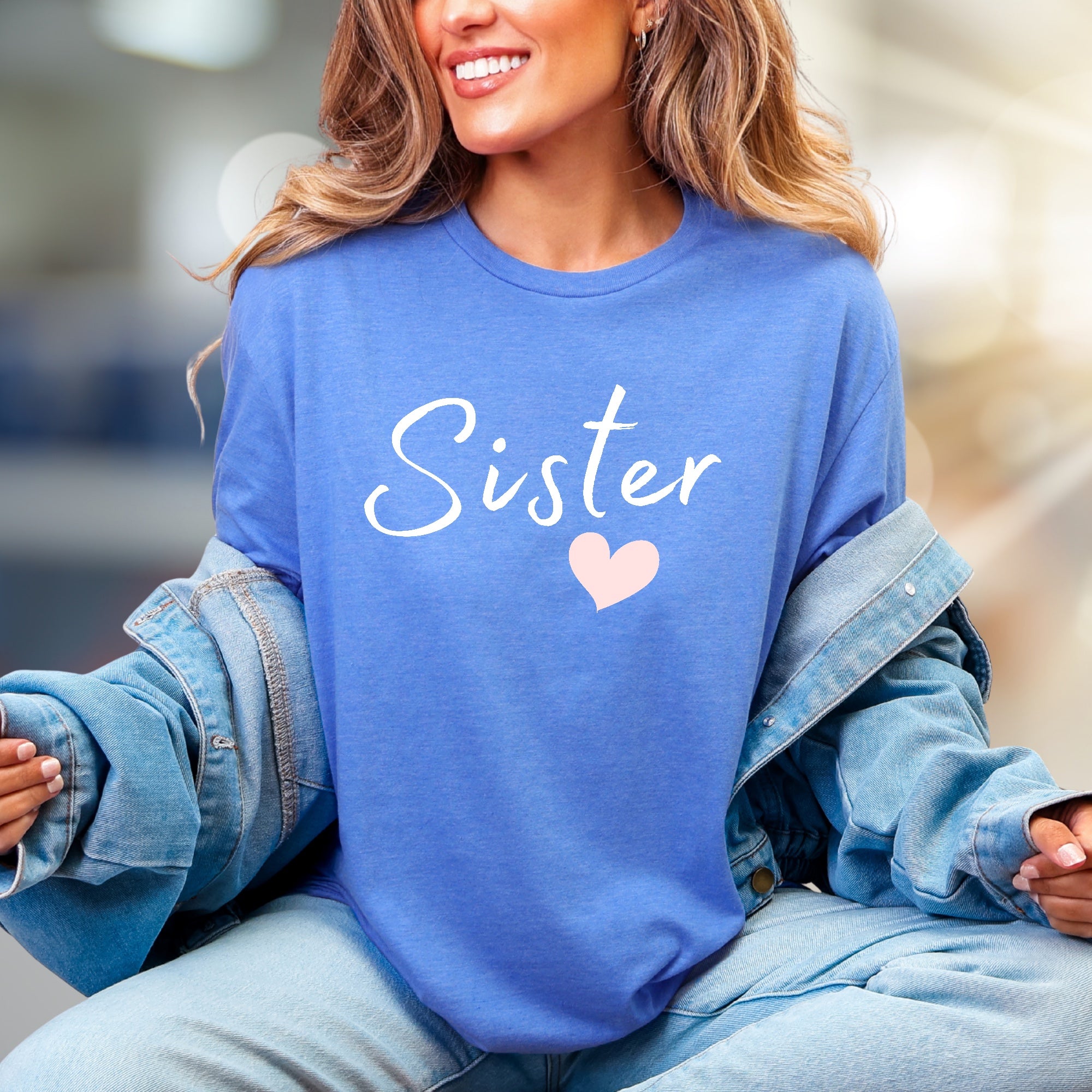 "Sister" Heart Script Graphic Tee, a Loving Pick for Family Bonds