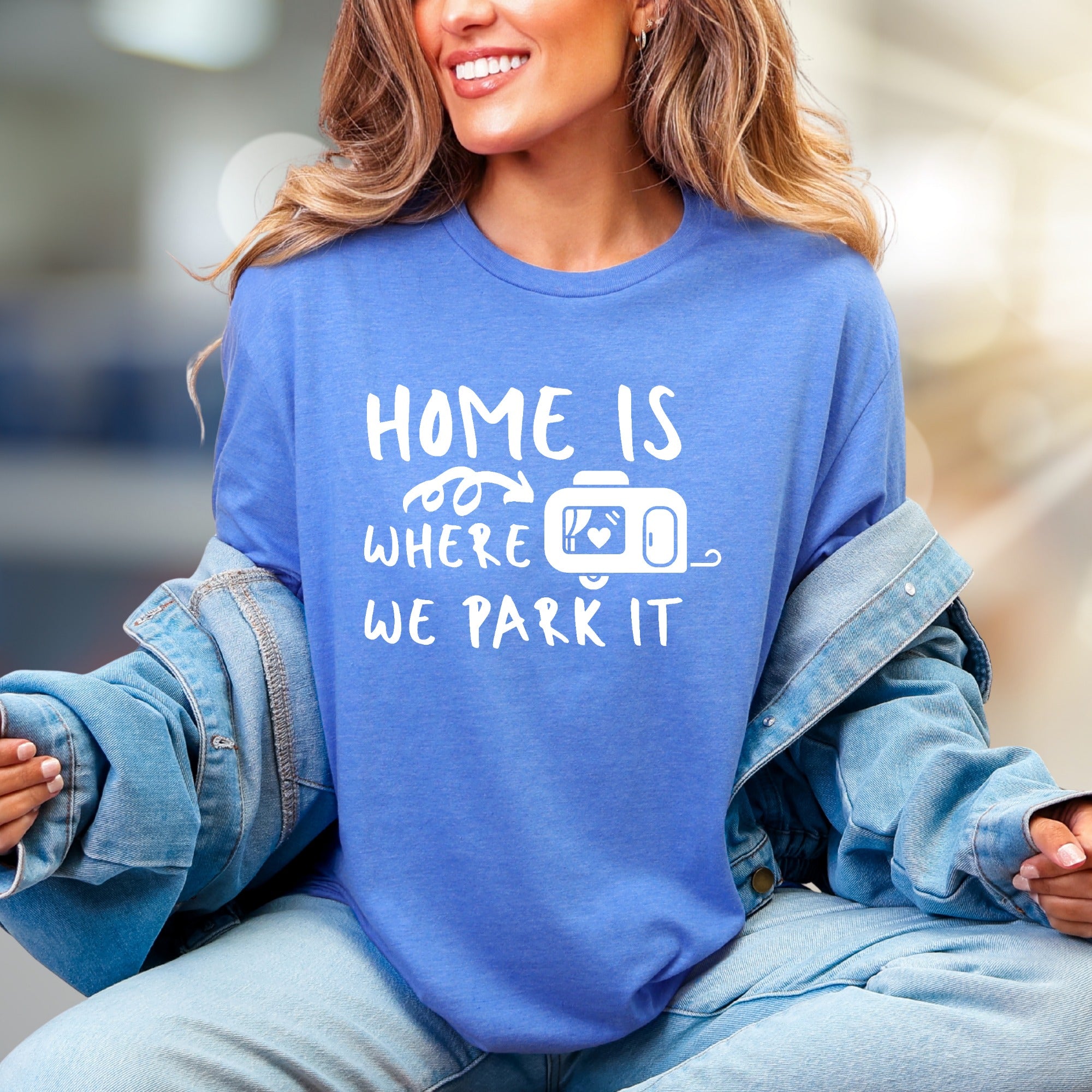 "HOME IS WHERE WE PARK IT" Camper Graphic Tee, A Laid-Back Travel Shirt for RV Lovers