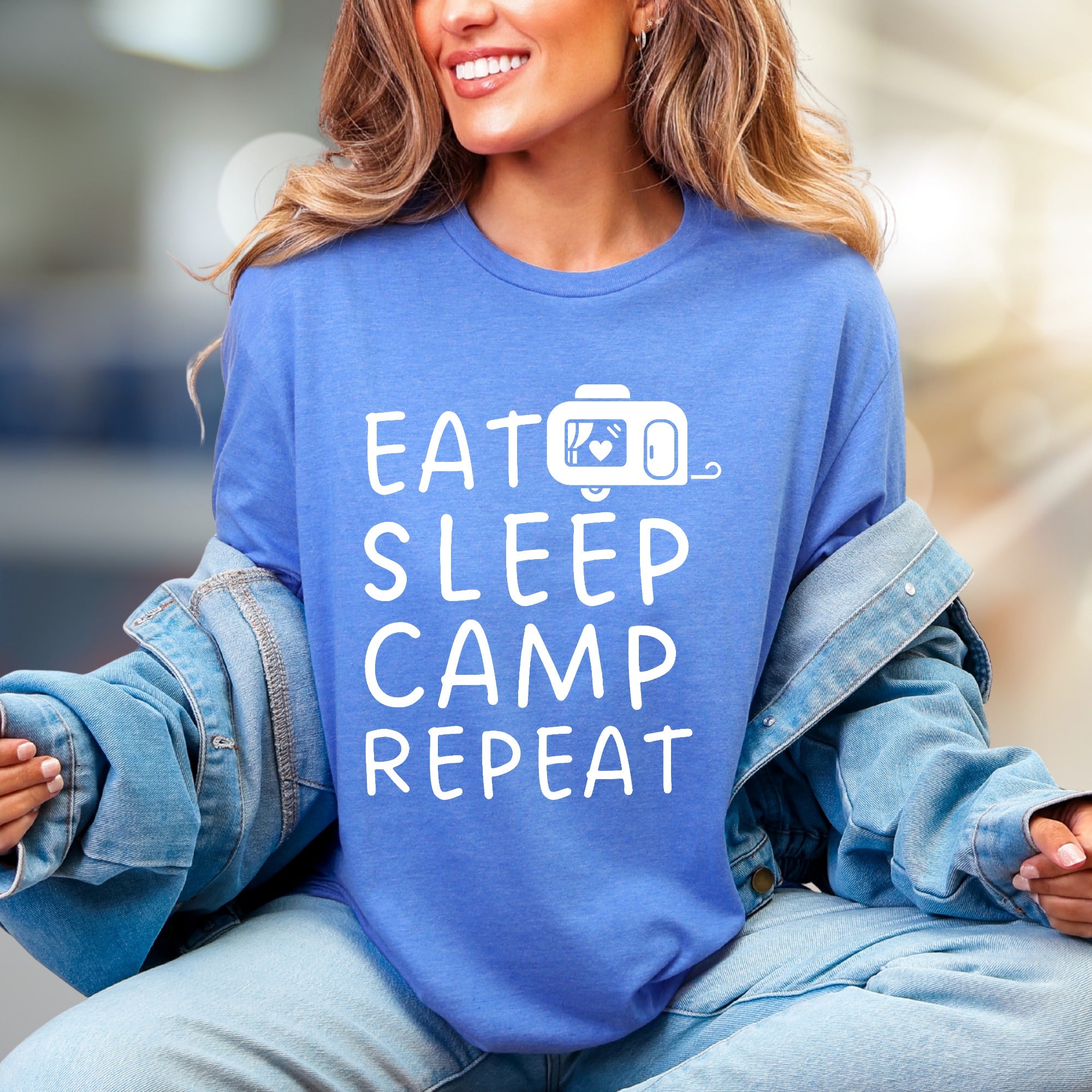 "EAT SLEEP CAMP REPEAT" Camper Graphic Tee, a Outdoorsy Pick for Enthusiasts