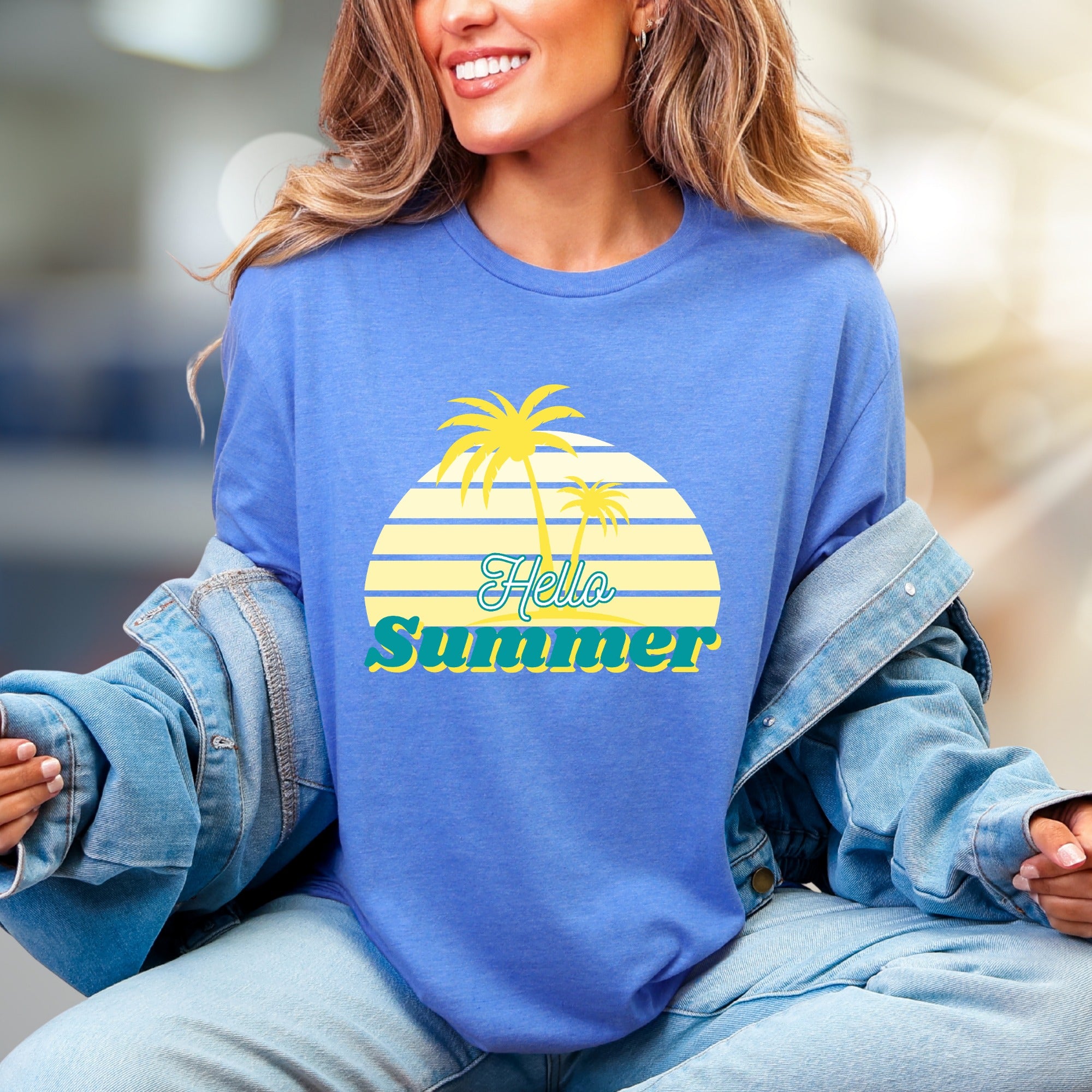 "Hello Summer" Tropical Sunset Graphic Tee, a Vacation Vibes Pick for Beach Lovers